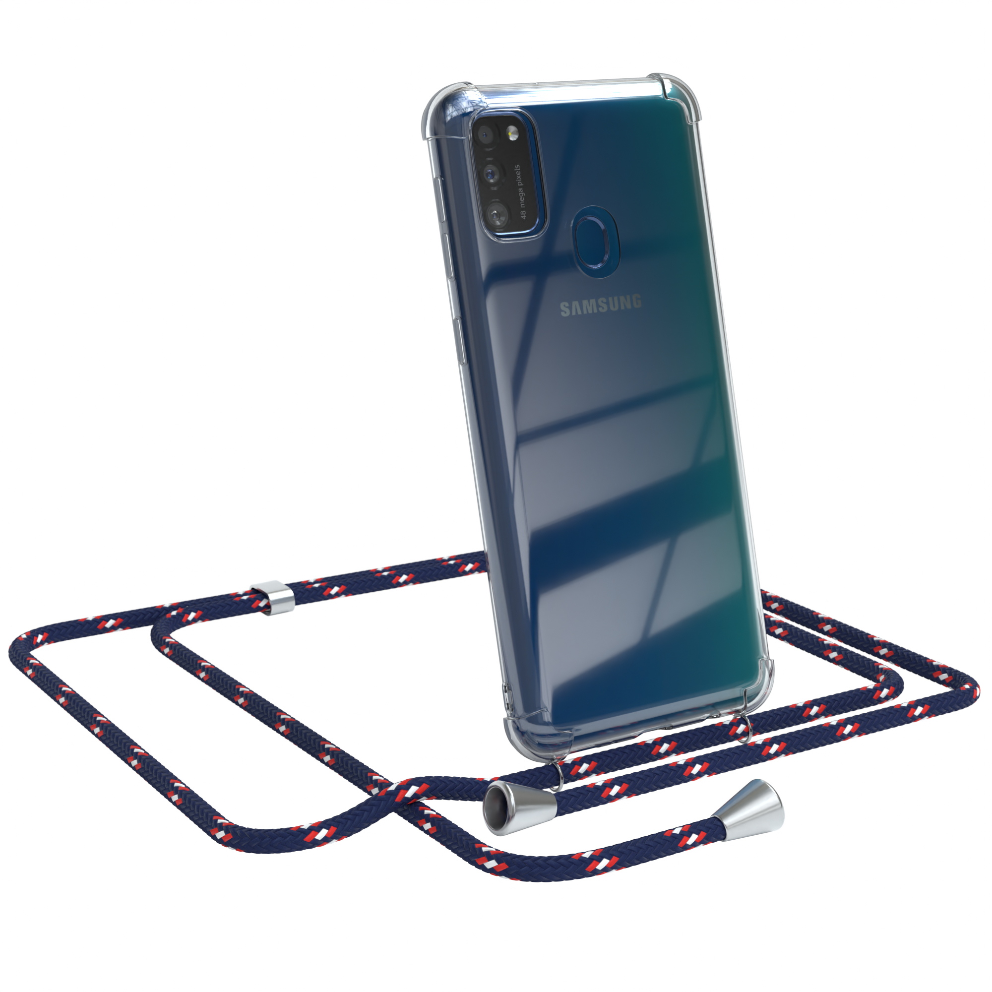 Transparente Handyhülle mit marineblauem, rotem und weißem Gurt. Ein Samsung-Handy befindet sich in der Hülle. Weißer Hintergrund.