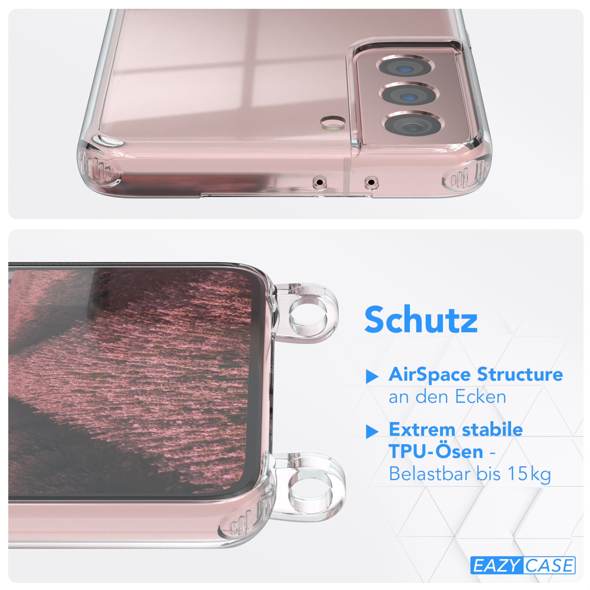 Transparente Handyhülle mit roségoldenem Telefon, Nahaufnahme, mit Text über Schutzfunktionen.
