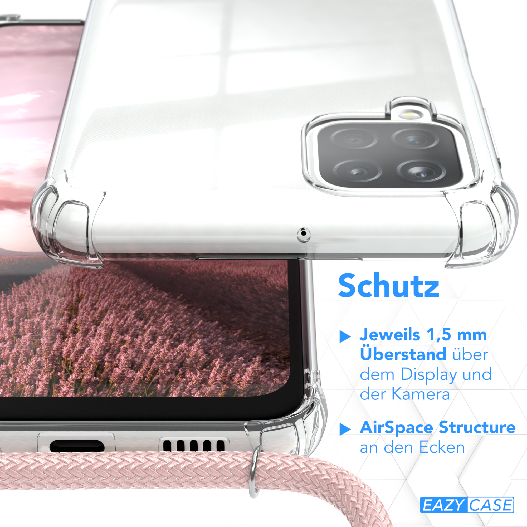 Eine klare Handyhülle über einem Telefon mit rosa Blumenhintergrund, mit Text.