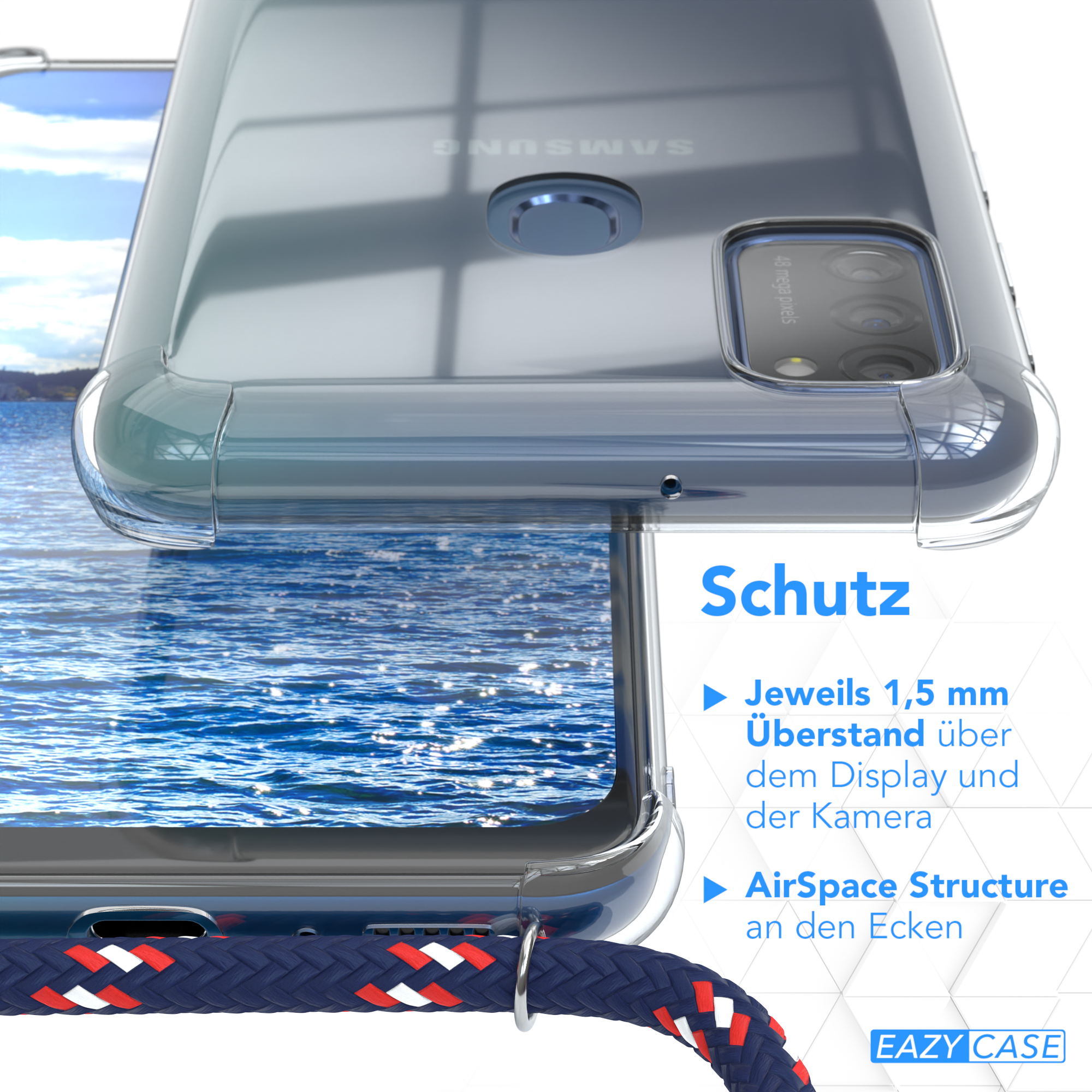 Nahaufnahme einer Handyhülle. Die Hülle ist durchsichtig, zeigt eine Wasserszene. Text zeigt Merkmale.