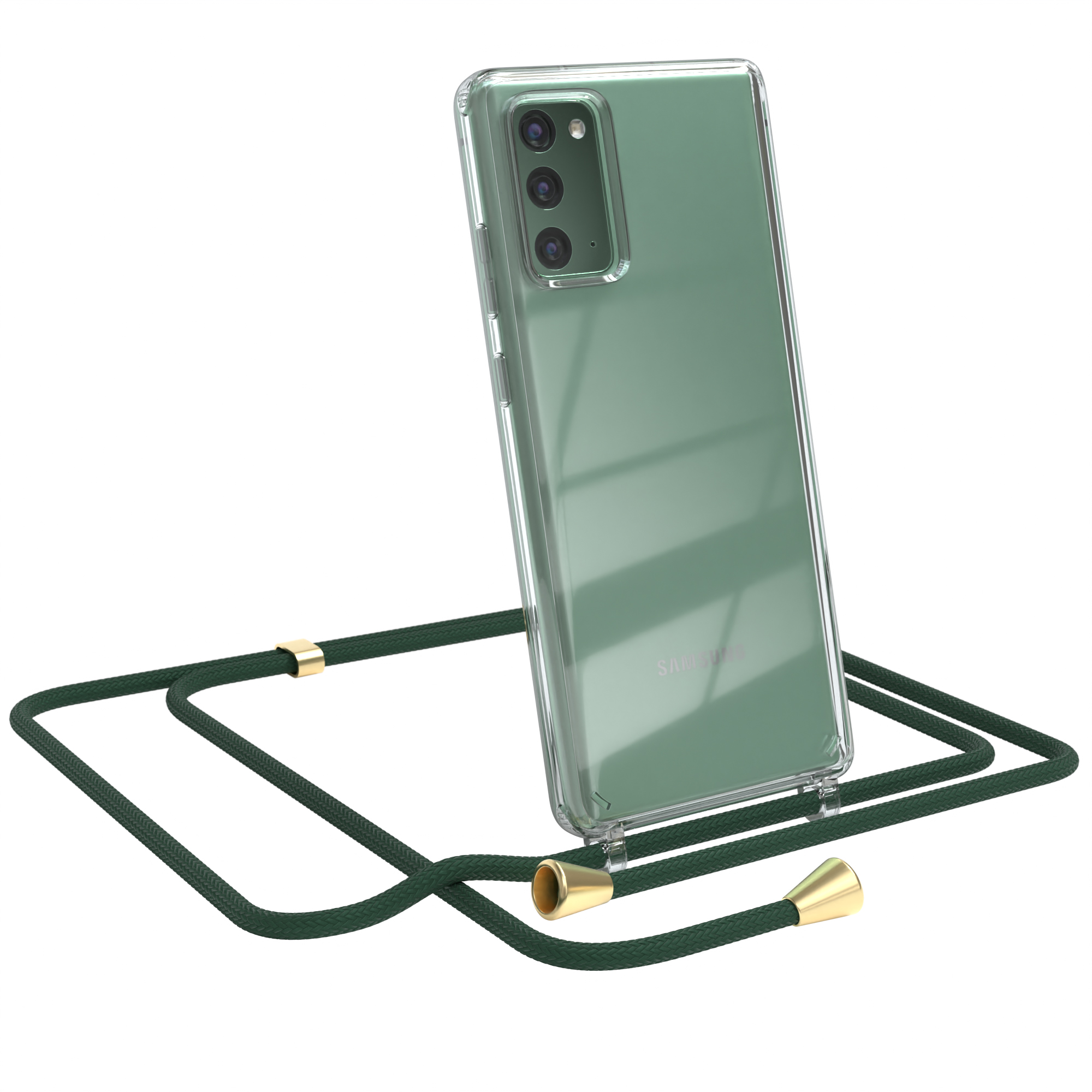 Transparente Handyhülle mit grünem Telefon und grünem Umhängeband.