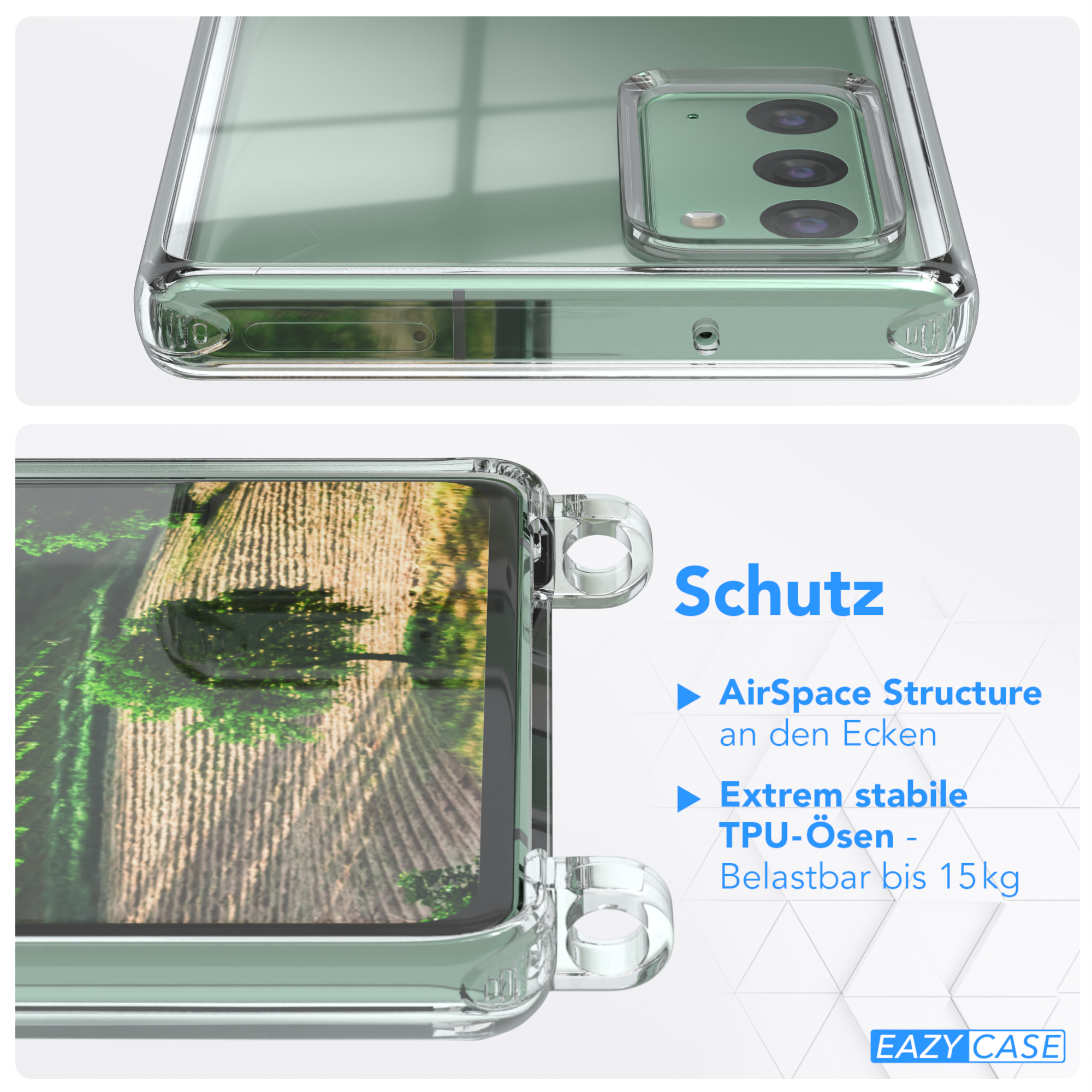 Klare Handyhülle, die ein Handy schützt. Details zur Hülle werden gezeigt. Draufsicht und Nahaufnahme.