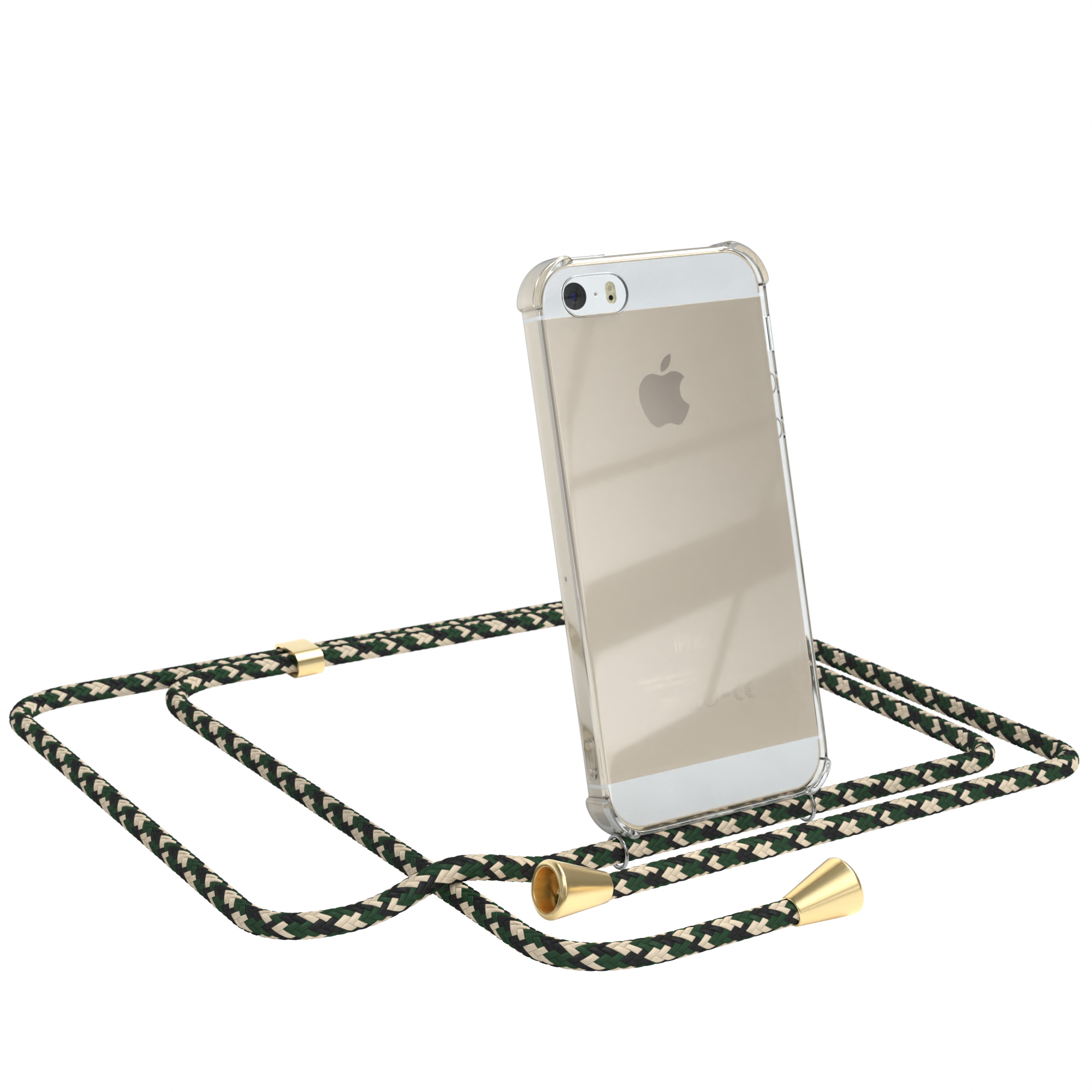 Transparente Handyhülle mit grünem und beigem Lanyard. Das Telefon ist ein iPhone mit Apple-Logo.