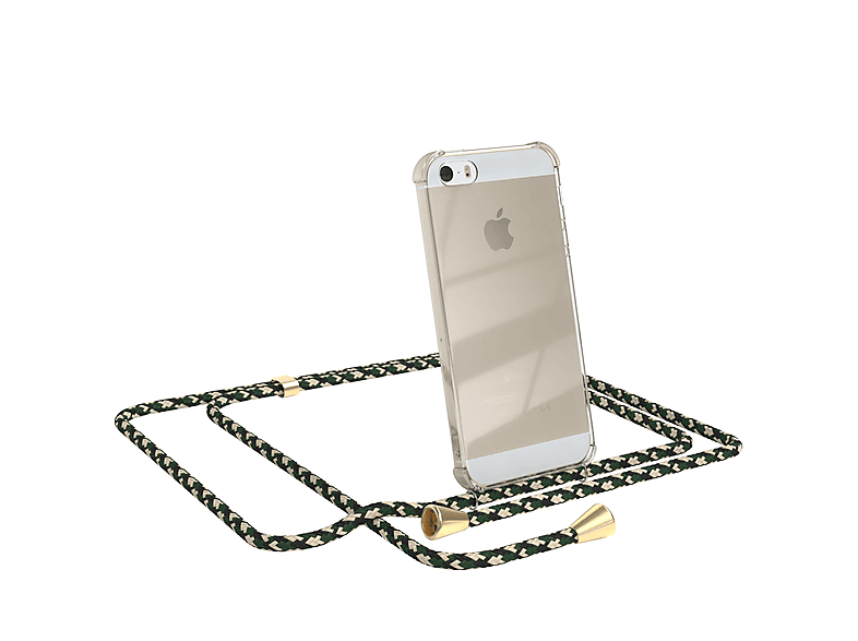 EAZY CASE Clear Cover mit Umhängeband, Umhängetasche, Apple, iPhone SE 2016, iPhone 5 / 5S, Grün Camouflage / Clips Gold