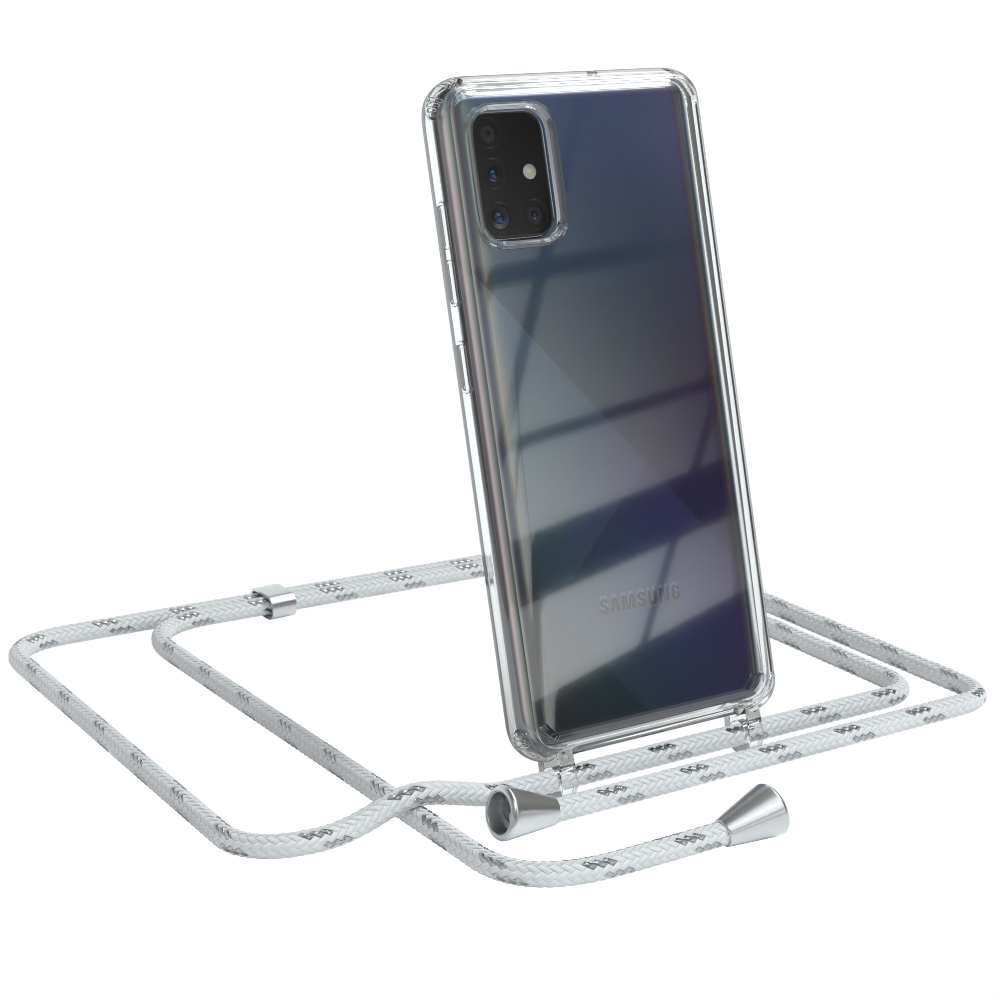 Transparente Handyhülle mit weißem Band. Samsung-Handy ist darin. Weißer Hintergrund.