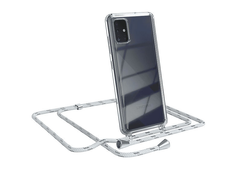 EAZY CASE Clear Cover mit Umhängeband, Umhängetasche, Samsung, Galaxy A51, Weiß / Clips Silber