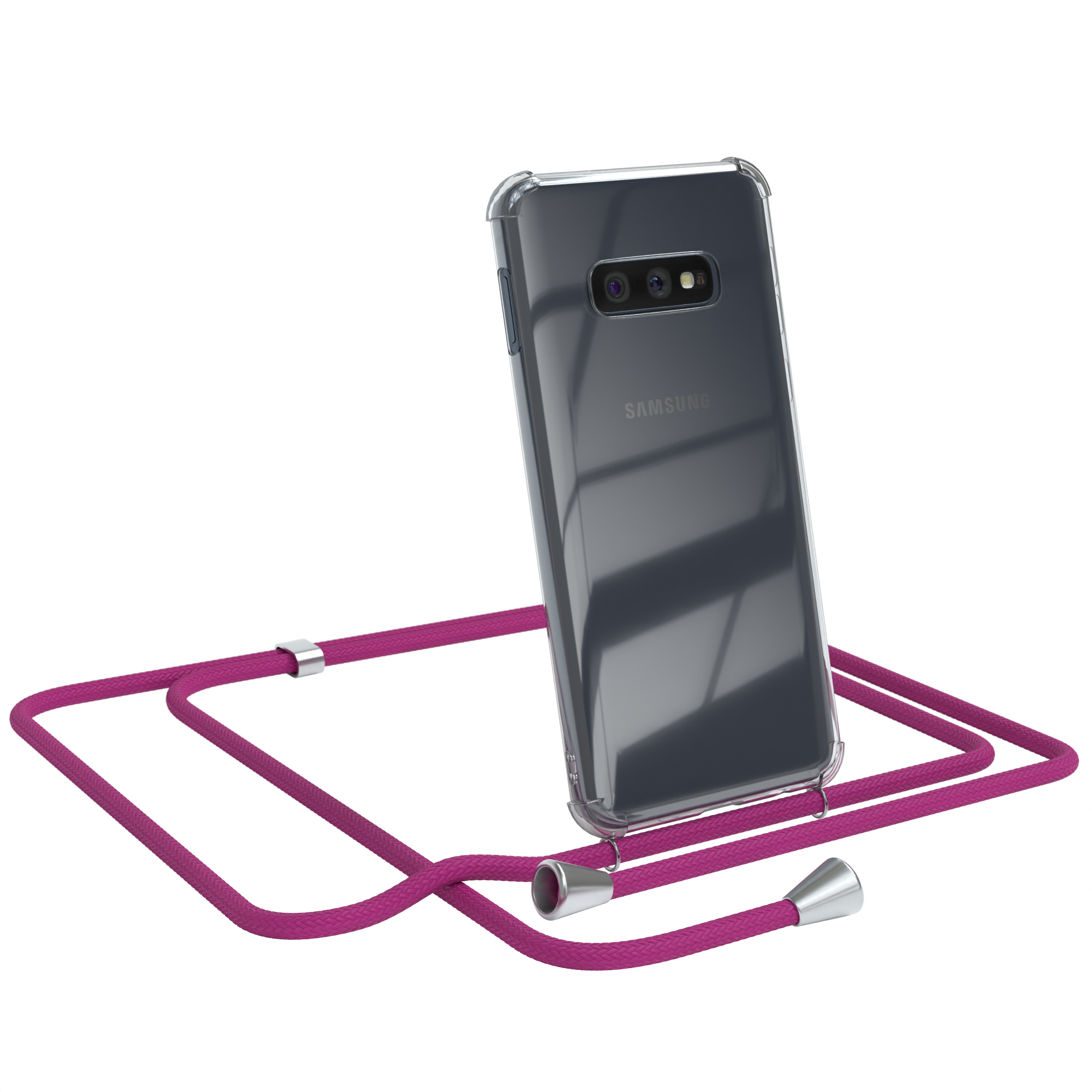Telefon in klarer Hülle mit pinkfarbenem Umhängeband. Samsung-Logo sichtbar.
