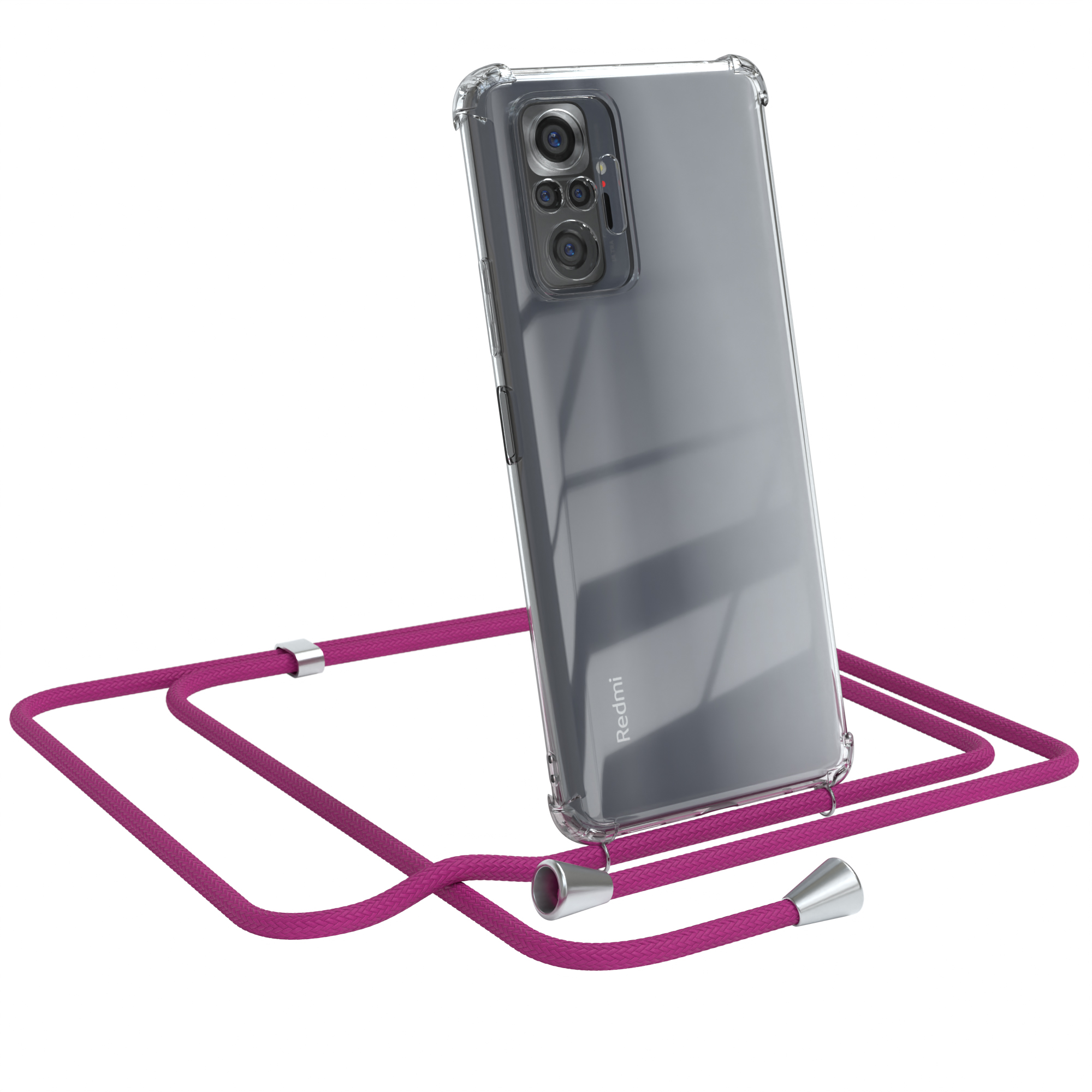 Redmi-Telefon in klarer Hülle mit pinkfarbenem Umhängeband, angewinkelte Ansicht, vor weißem Hintergrund.