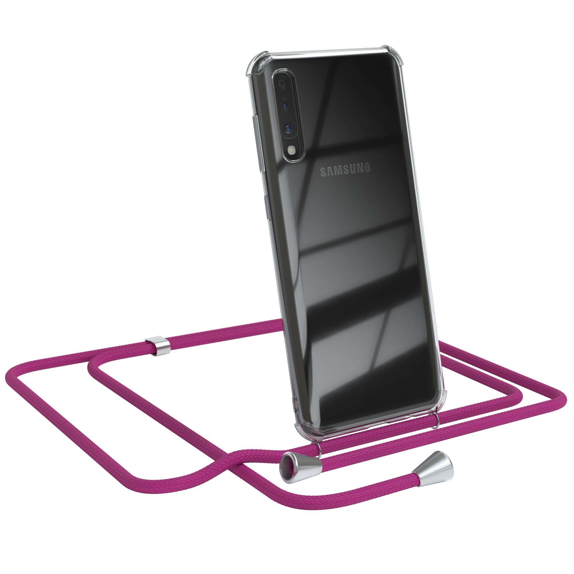 Rosa Telefon in klarer Hülle mit pinkfarbenem Schlüsselband. Mehrere Kameras.
