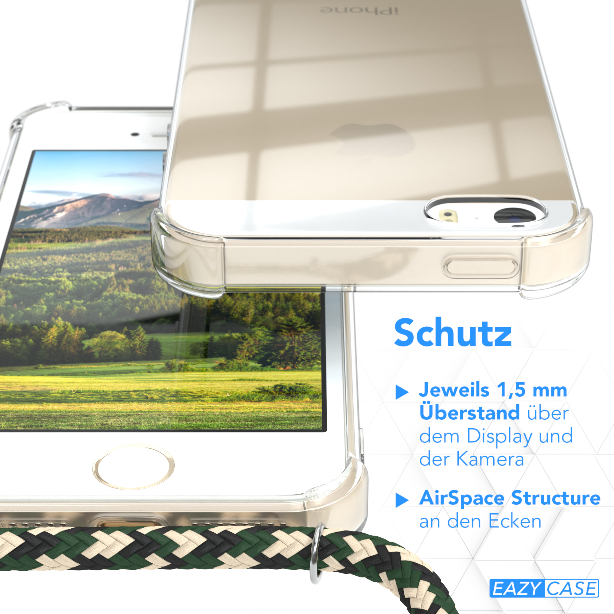 5S, Clips Umhängeband, / mit Grün SE Umhängetasche, Cover 5 / EAZY CASE Camouflage Gold iPhone 2016, iPhone Clear Apple,