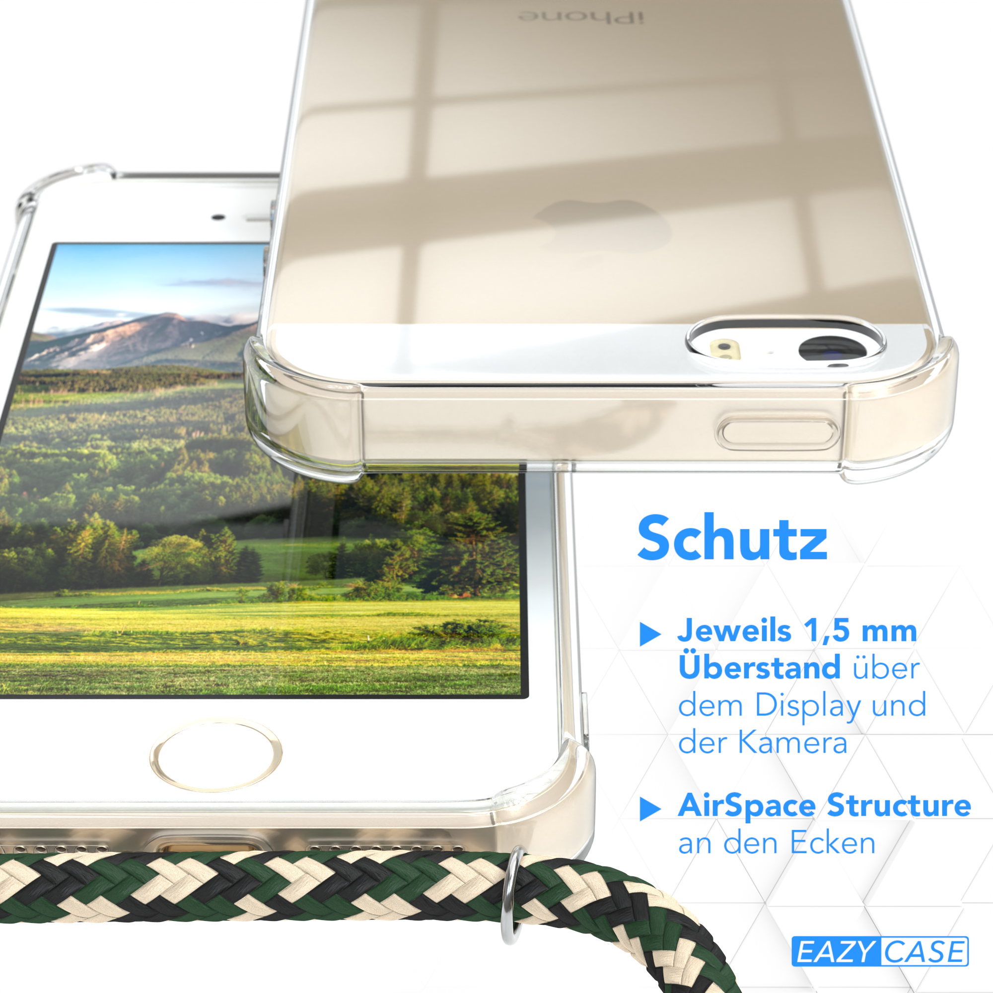 Eine transparente Handyhülle mit grün-weißem Band wird gezeigt. Text rechts erklärt Schutzmerkmale.