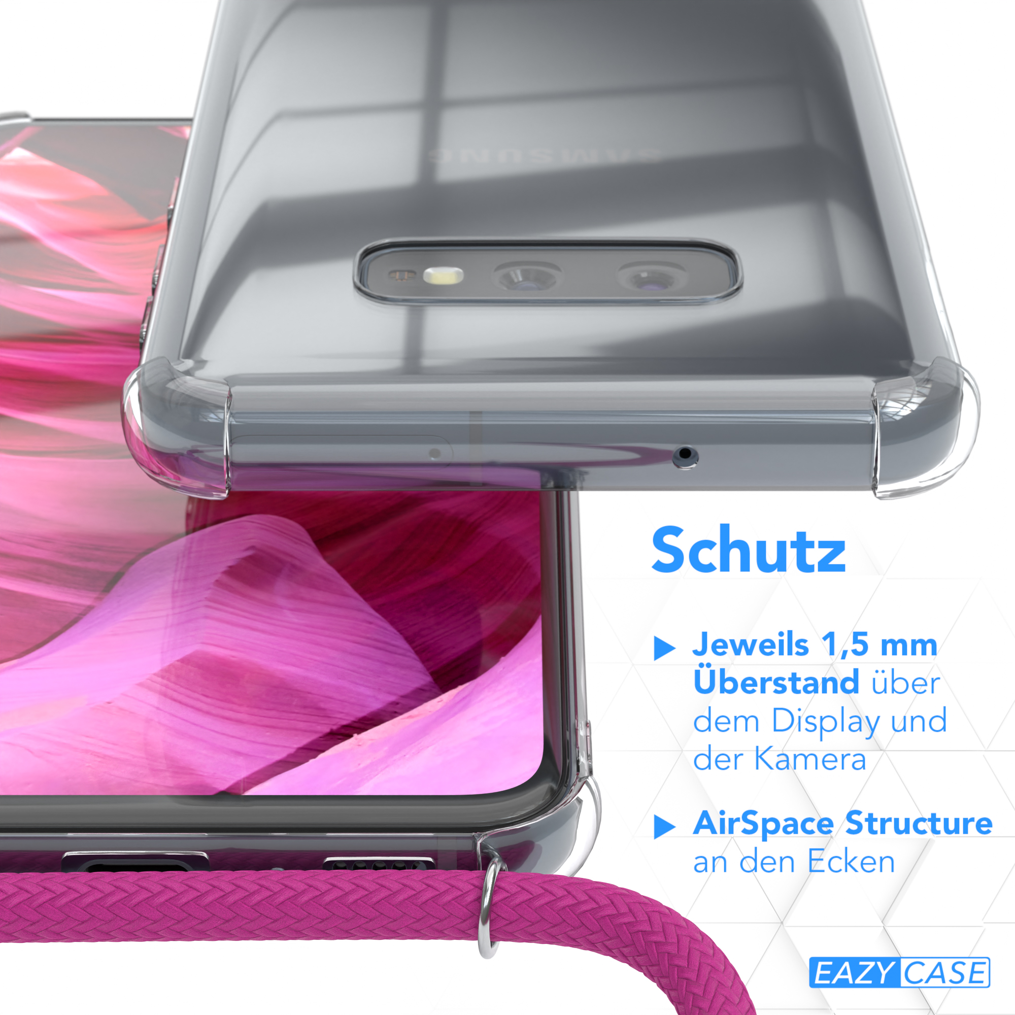 Transparente Handyhülle mit pinkfarbener Kordel. Text: Schutz, 1,5mm Überstand.