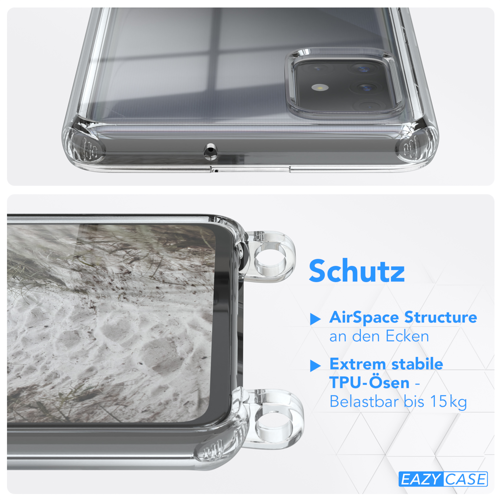 A51, Umhängetasche, mit Cover Clips Galaxy Samsung, EAZY Weiß Clear Umhängeband, / CASE Silber