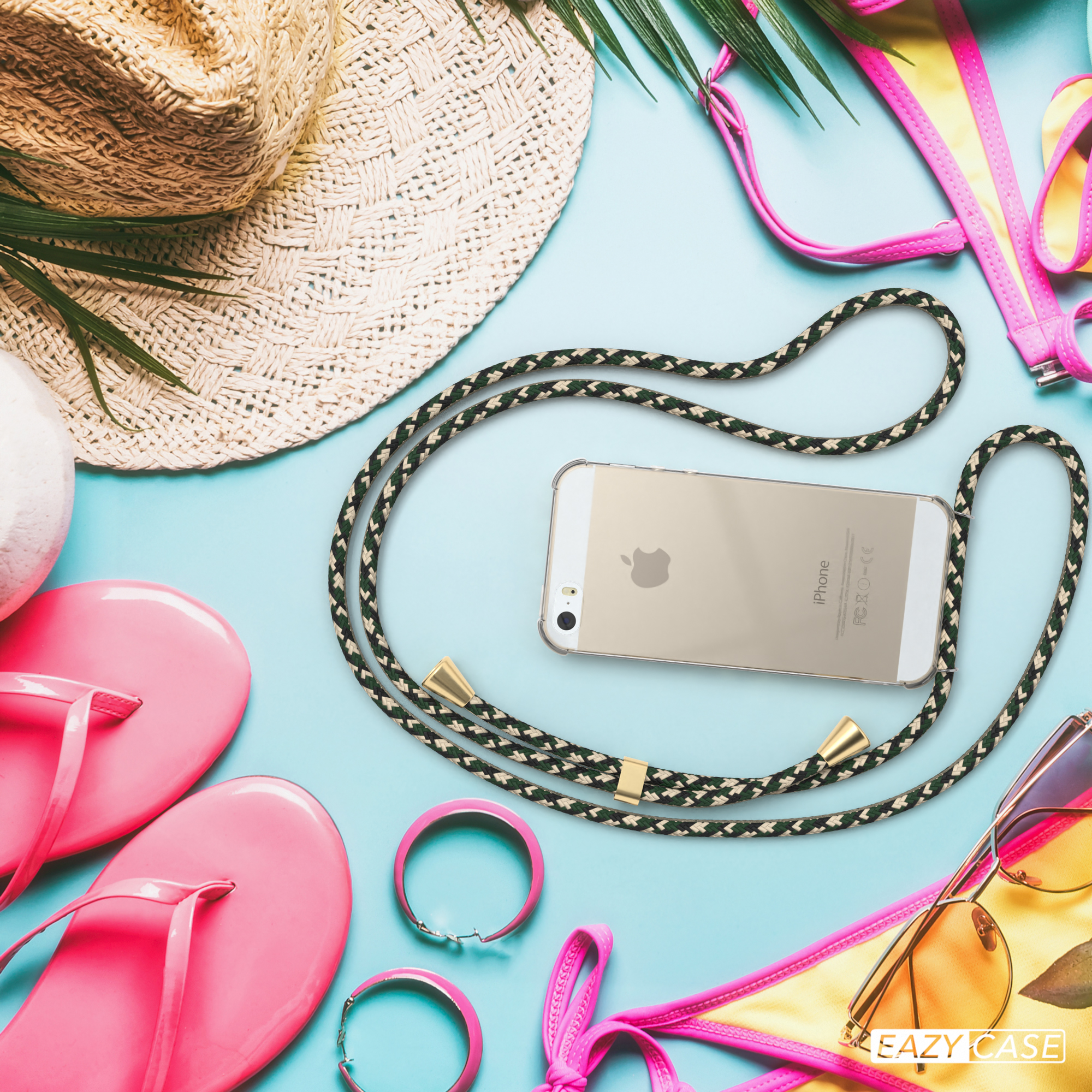 Handyhülle mit Lanyard, mit Zubehör. Hintergrund zum Thema Strand.