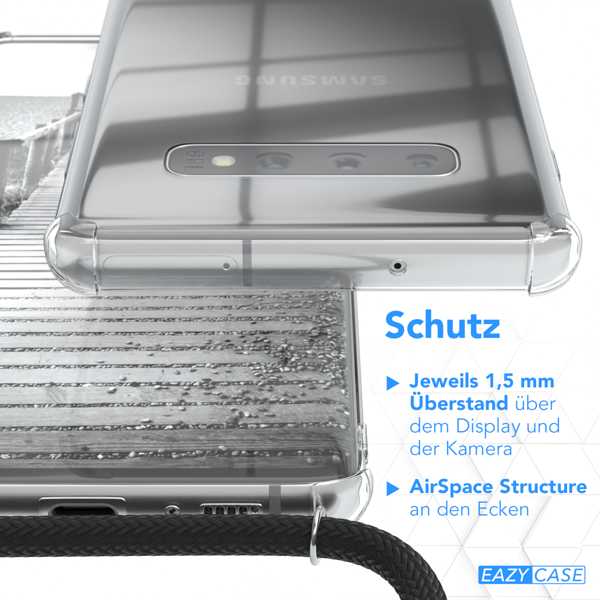 Klare Handyhülle auf Holzoberfläche. Merkmale: Bildschirmschutz und Eckluftstruktur. Eazy Case-Logo sichtbar.