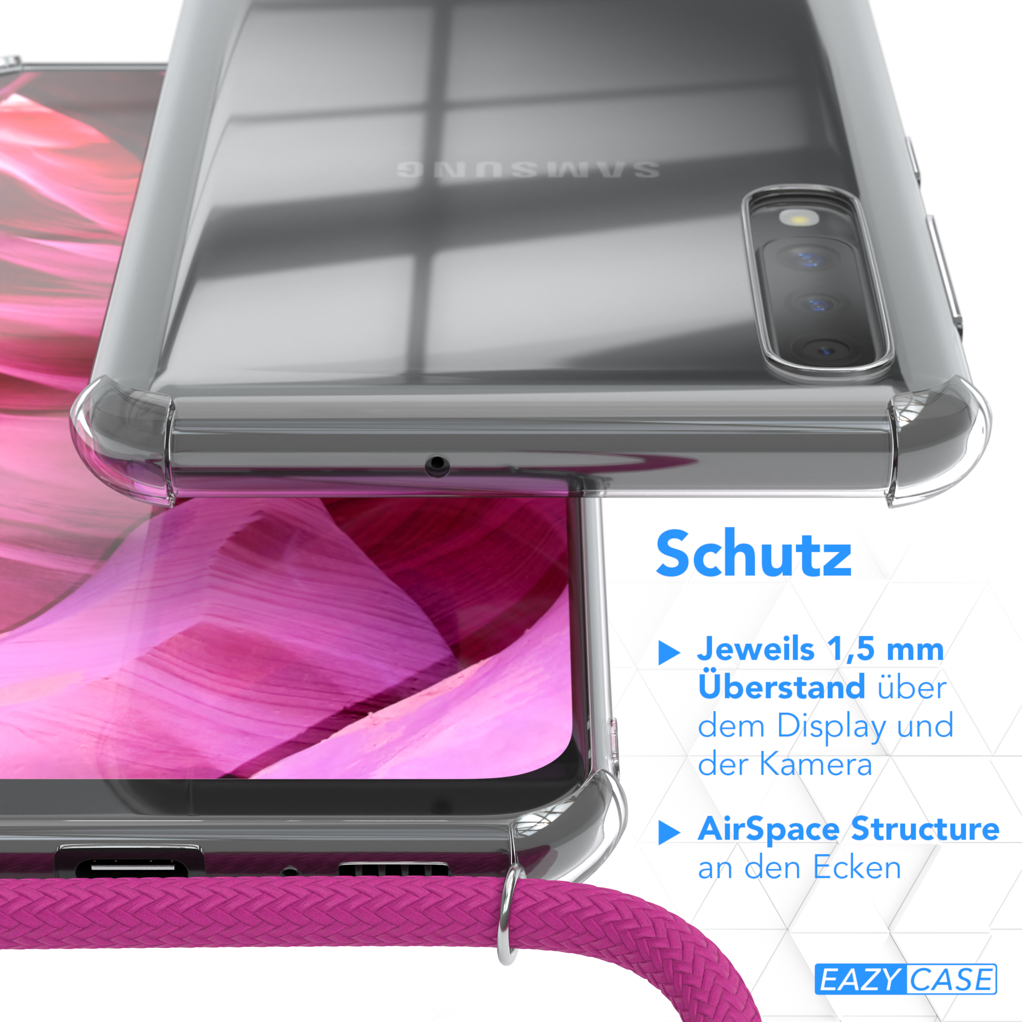Transparente Handyhülle auf einem Telefon mit rosa Kordel. Text auf Deutsch.