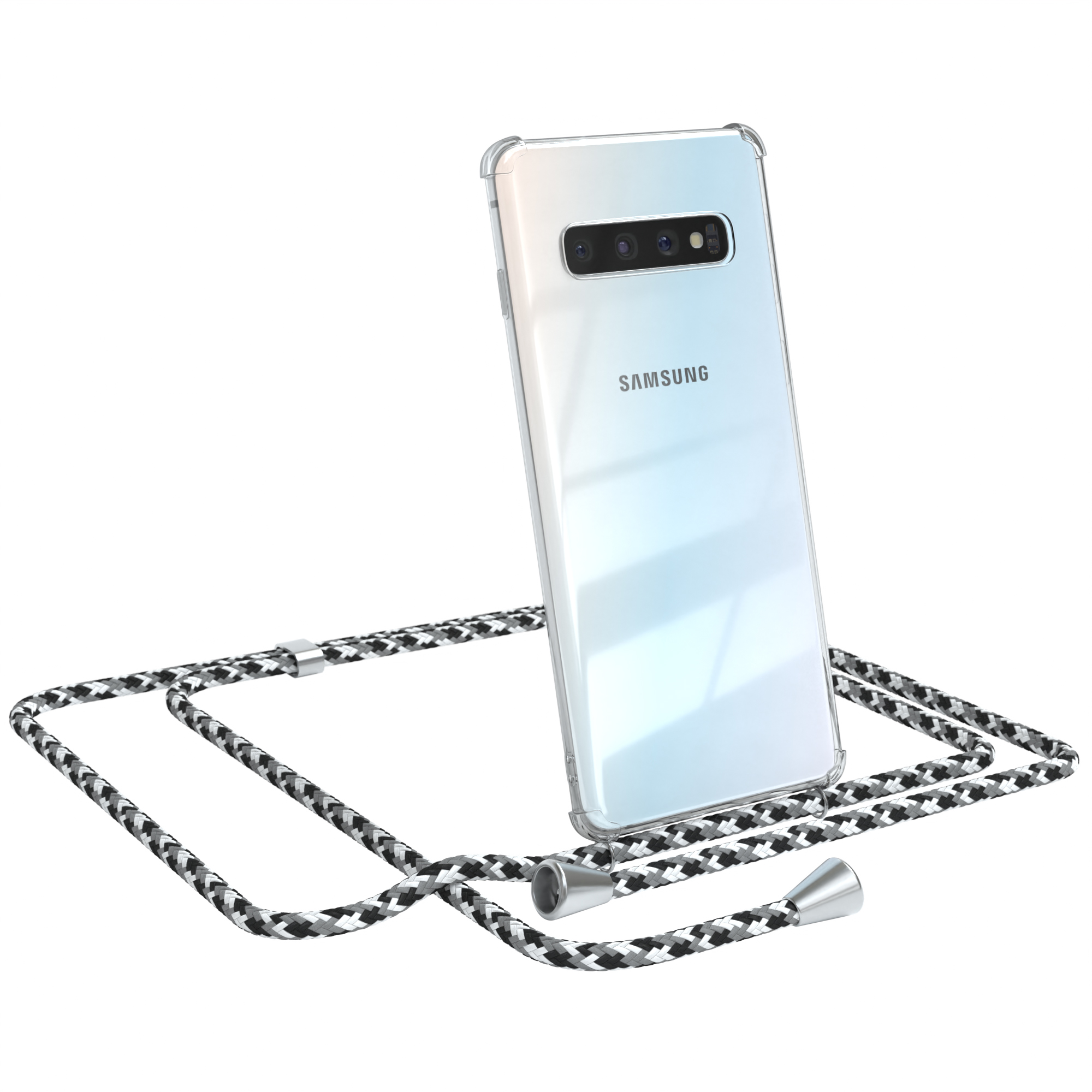 Transparente Handyhülle mit Band. Samsung-Logo sichtbar. Der Riemen hat silberfarbene Akzente.