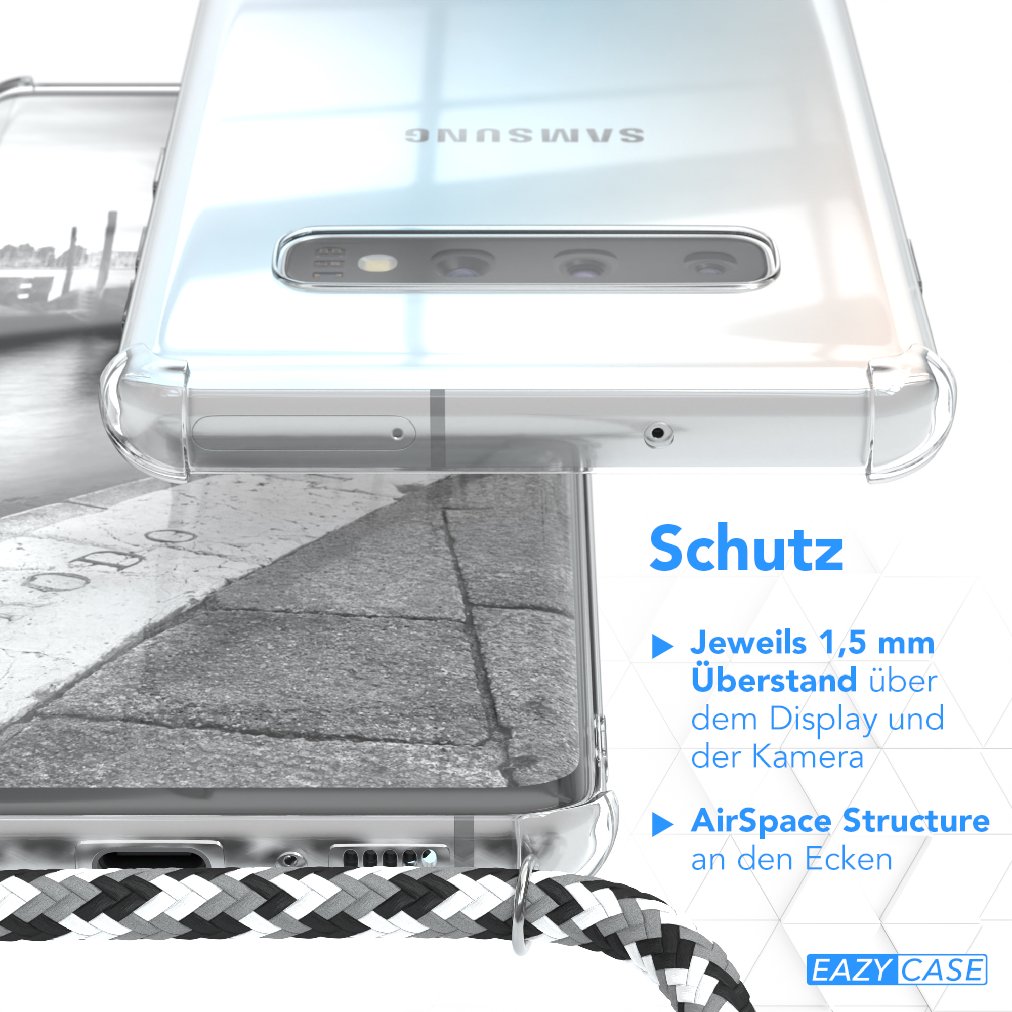 Transparente Handyhülle mit Text. Nahaufnahme des Randes der Hülle. Schwarz-weiß geflochtenes Kordel.