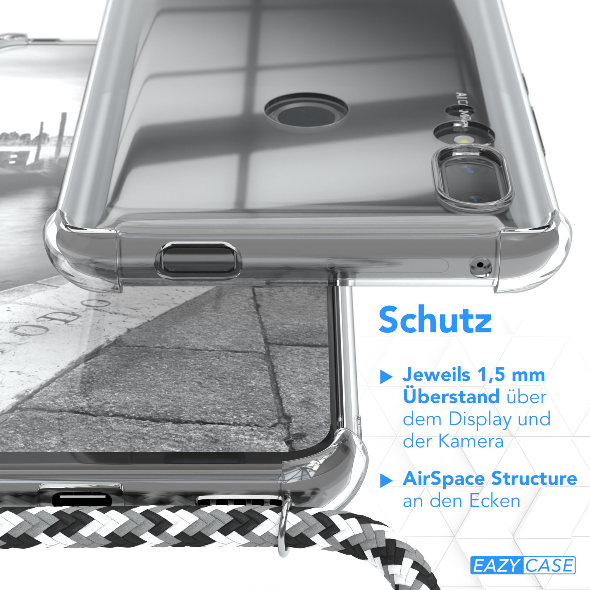 Transparente Handyhülle, schwarz-weißes Kabel. Grauer und weißer Betonhintergrund.