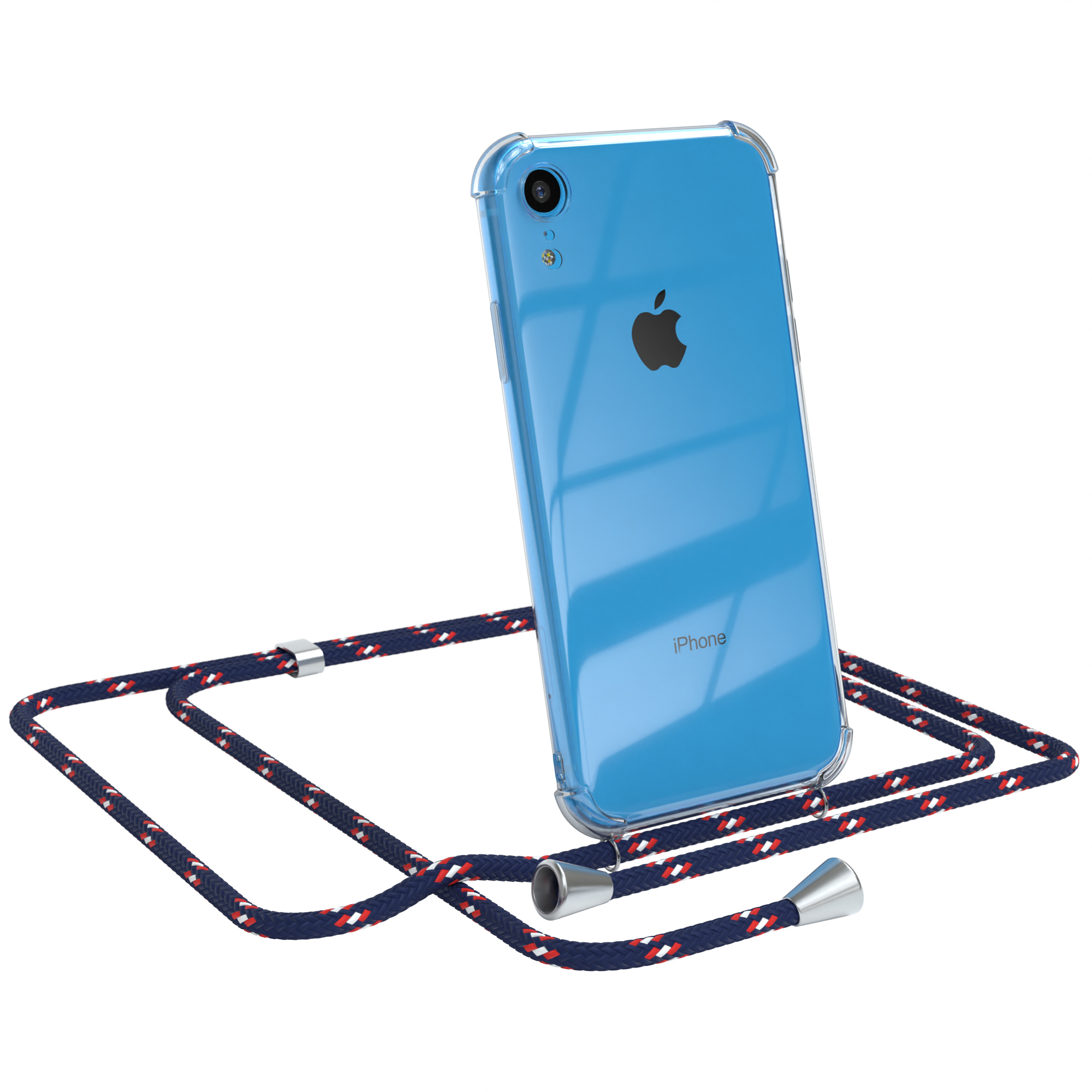 Ein iPhone in einer durchsichtigen Hülle mit einem marineblauen und roten Umhängeband.
