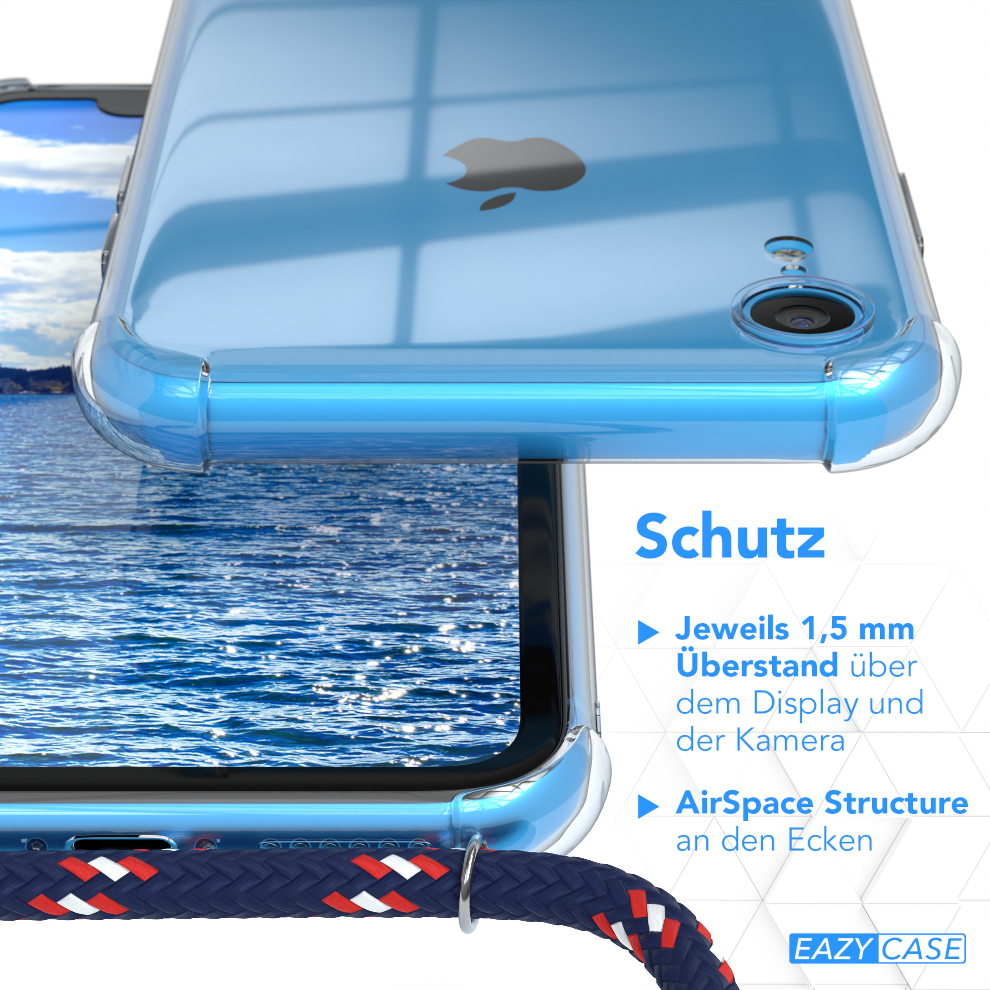Nahaufnahme einer Handyhülle mit Schutzmerkmalen. Text: AirSpace Structure und 1,5 mm Abdeckung.