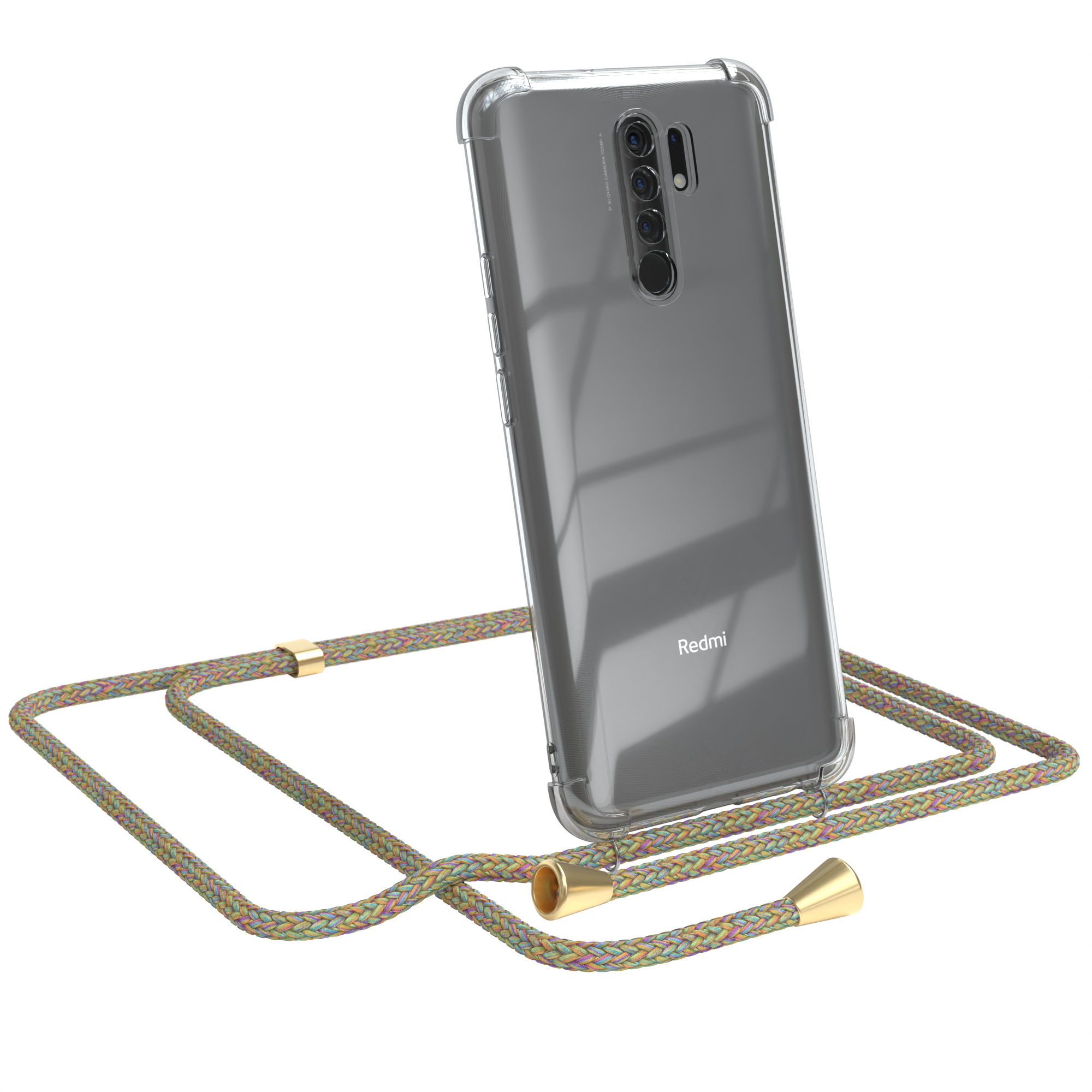 Ein Redmi-Telefon in einer transparenten Hülle mit buntem Riemen. Weißer Hintergrund.