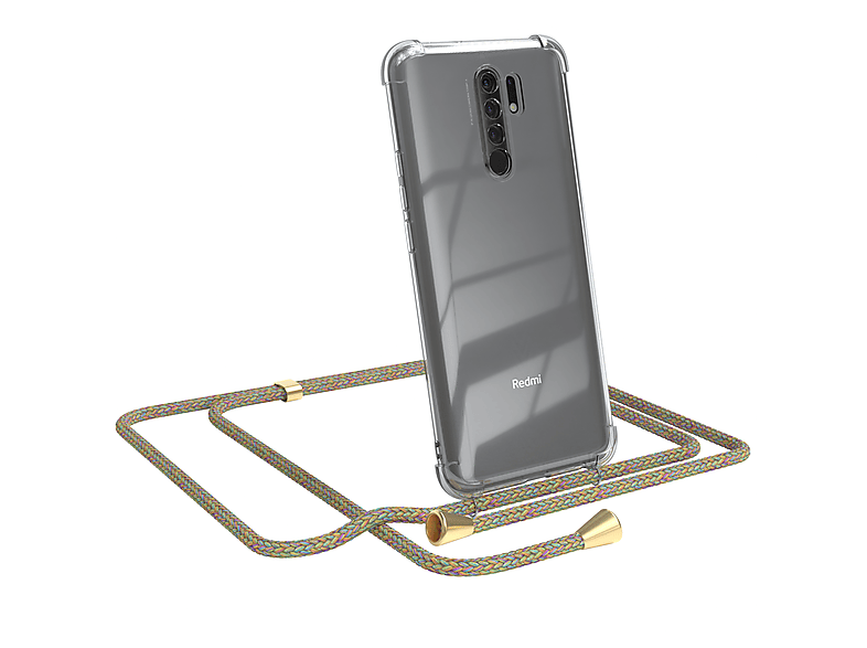 EAZY CASE Clear Cover mit Umhängeband, Umhängetasche, Xiaomi, Redmi 9 / Redmi 9 Prime, Bunt / Clips Gold