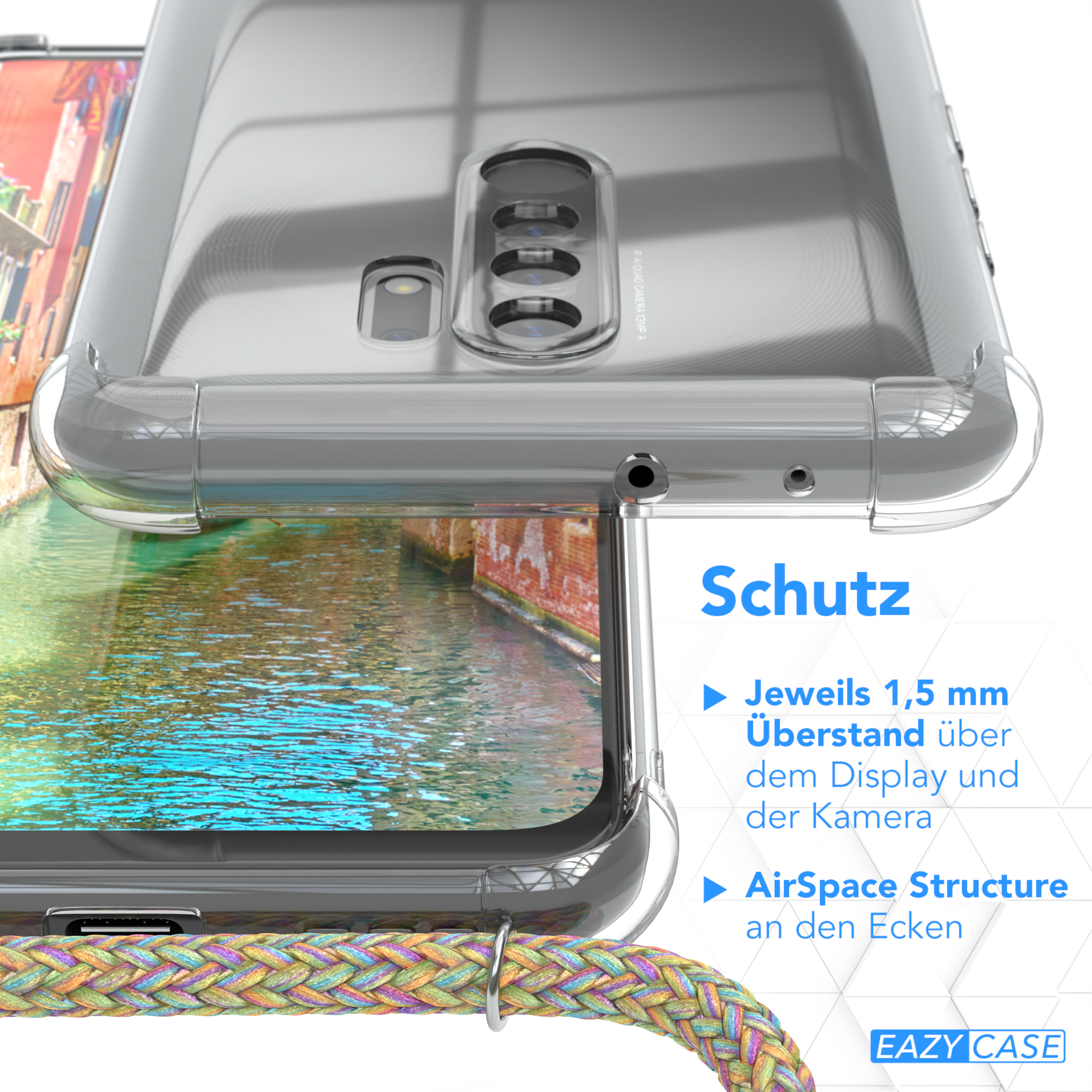 Transparente Handyhülle mit farbenfrohem Band. Text: Schutz, 1,5 mm Überstand, AirSpace-Struktur.