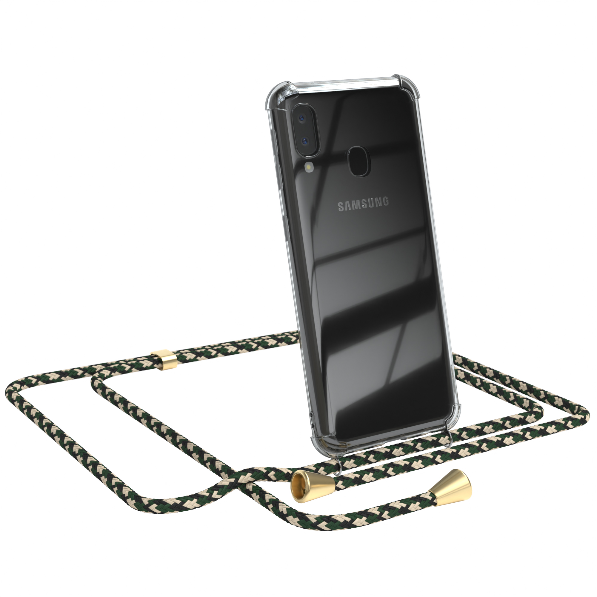 Klare Handyhülle mit grün-beigem Lanyard. Samsung-Handy mit Kameras.