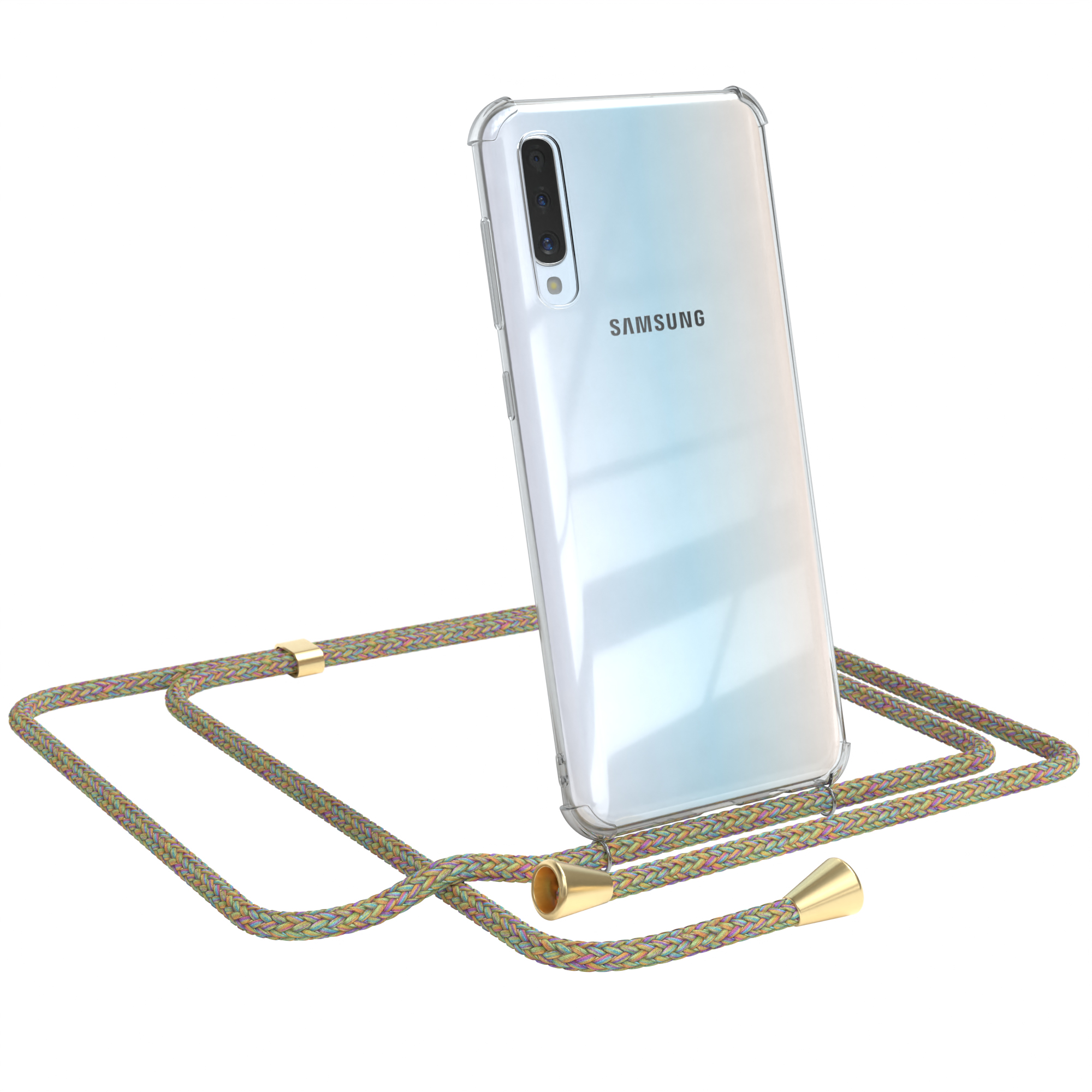 Telefon in Hülle mit farbigem Band. Samsung-Logo sichtbar.