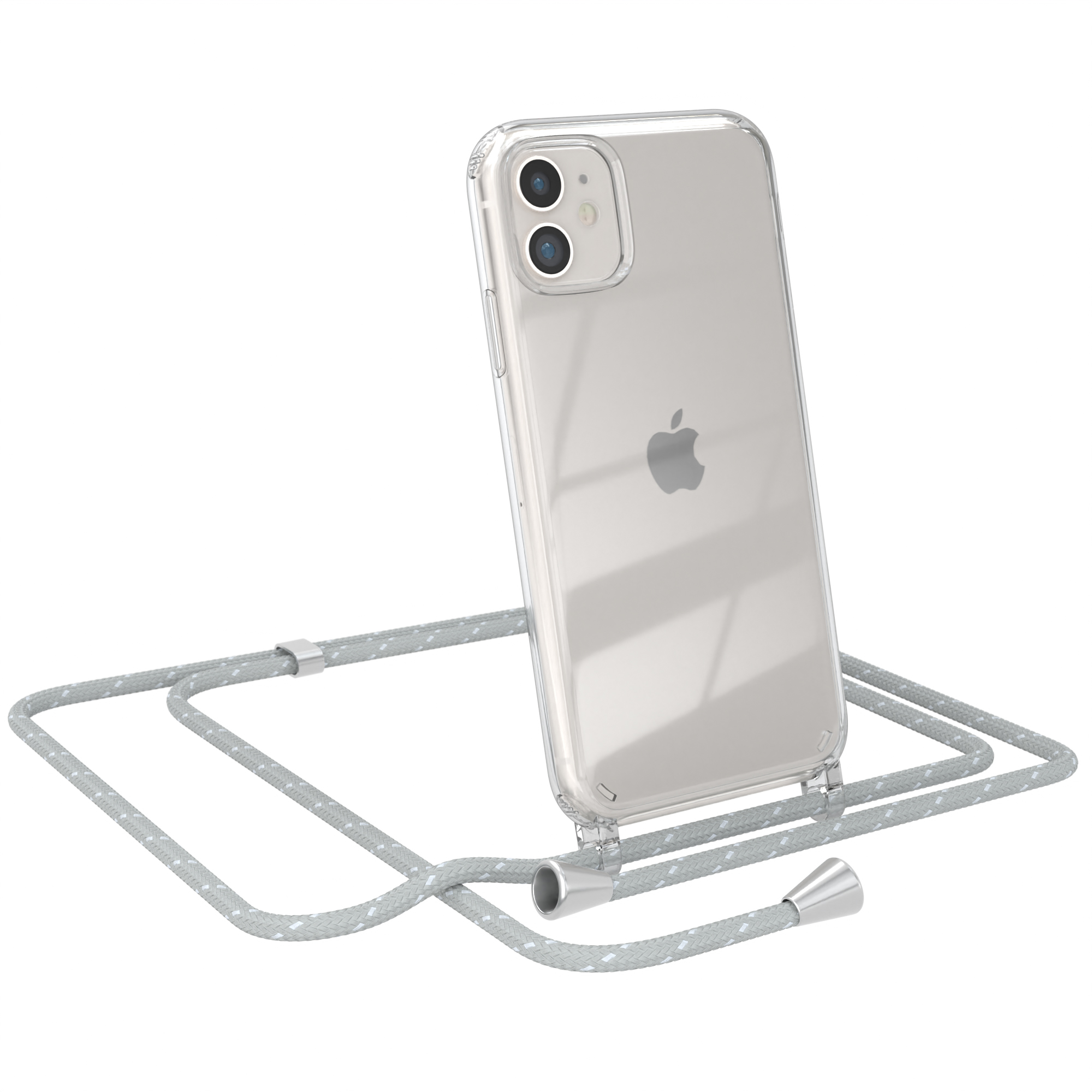Transparente iPhone-Hülle mit grauem Handystrap auf weißem Hintergrund.