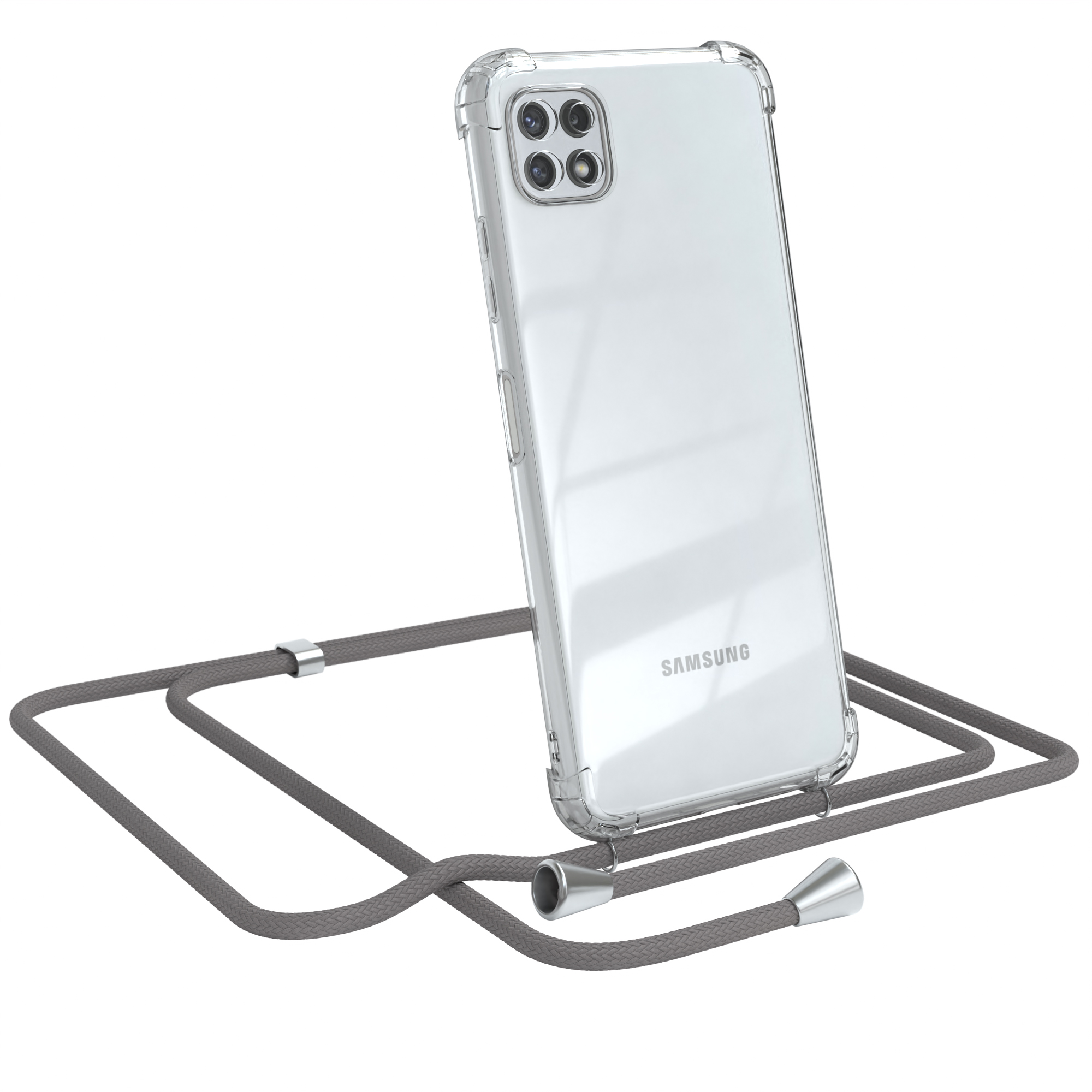 Transparente Handyhülle mit einem Samsung-Telefon und grauem Umhängeband. Telefon im Case.