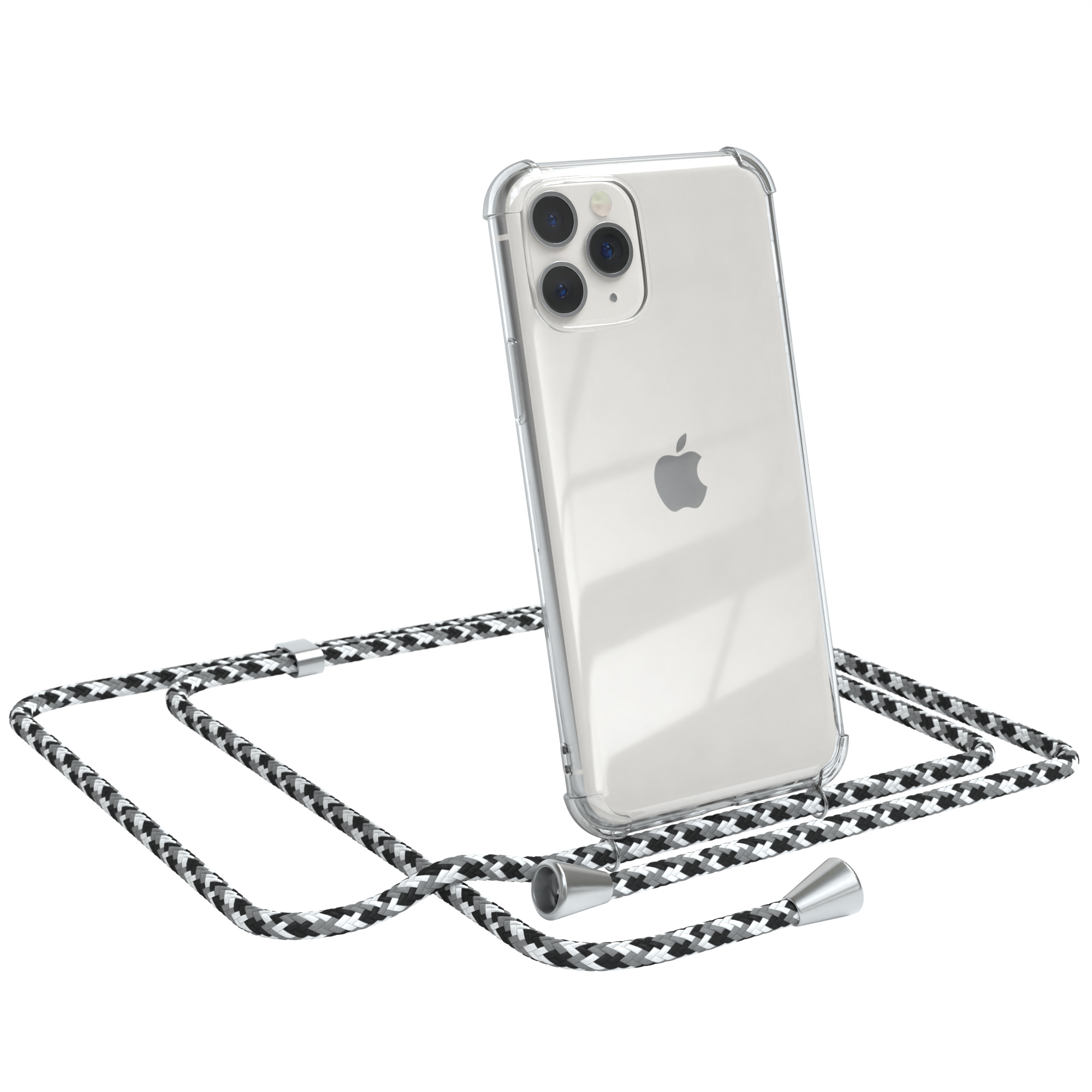 Transparente Handyhülle mit schwarz-weißem Gurt. Telefon vor weißem Hintergrund. Apple-Logo sichtbar.