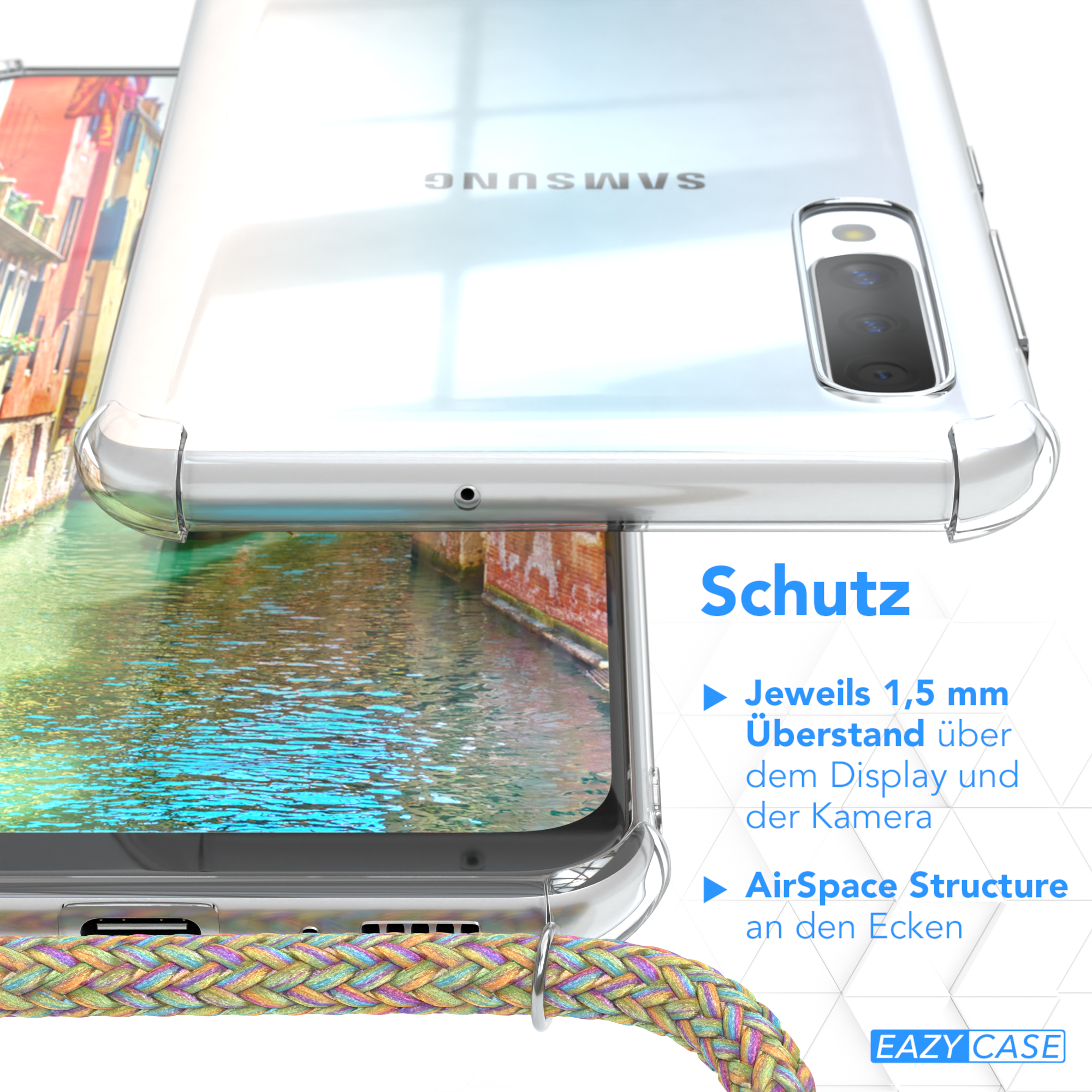 Transparente Handyhülle mit farbigem Band. Nahaufnahme zeigt Rand und Wasserszene.