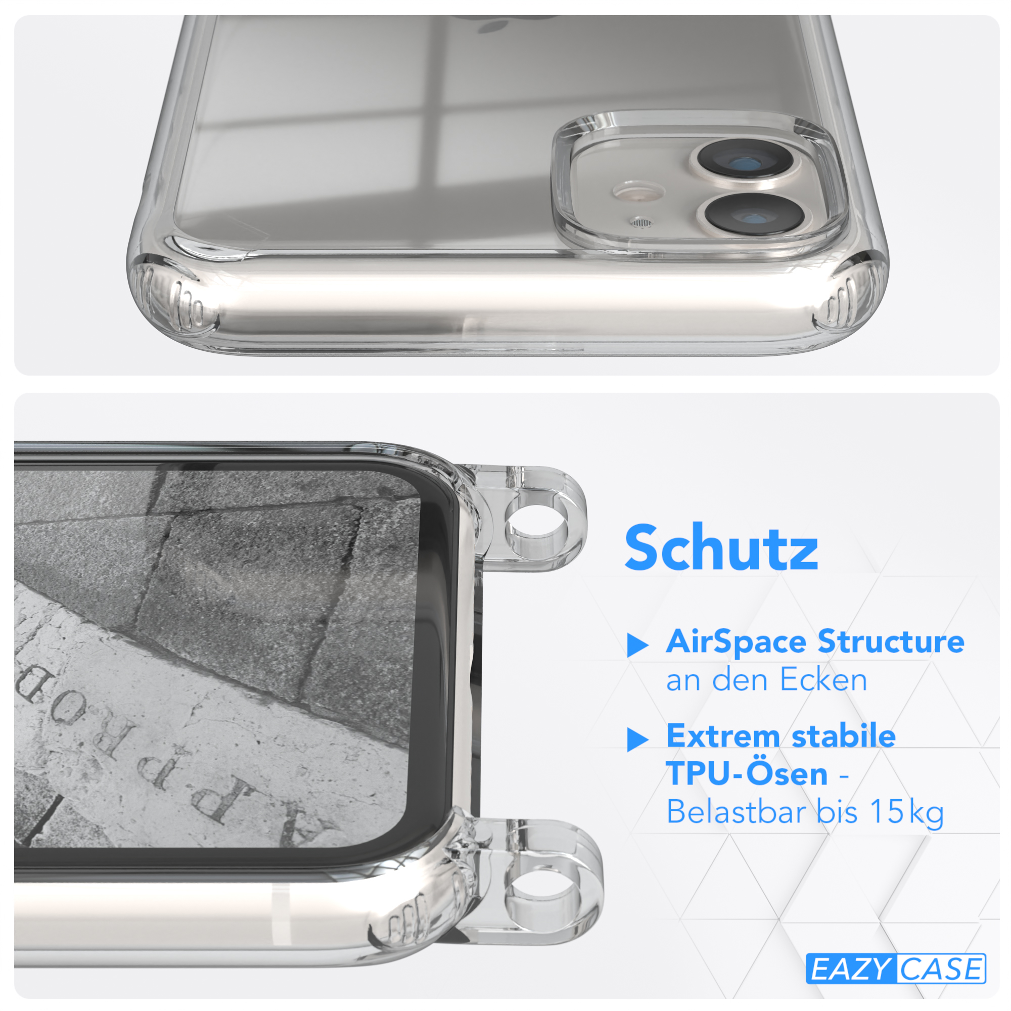 Transparente Handyhülle auf einem Telefon. Text hebt Schutzfunktionen wie erhöhte Kanten und Eckenschutz hervor.