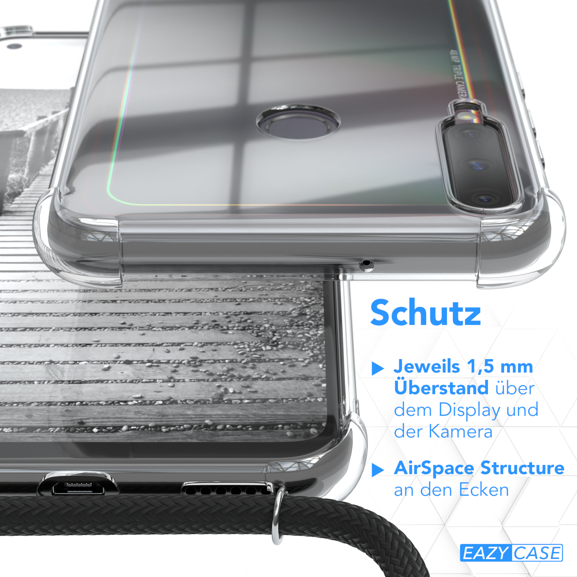 Klare Handyhülle über einem Telefon. Text: Schutz. Merkmale: 1,5 mm Display- & Kameraschutz, AirSpace Structure.