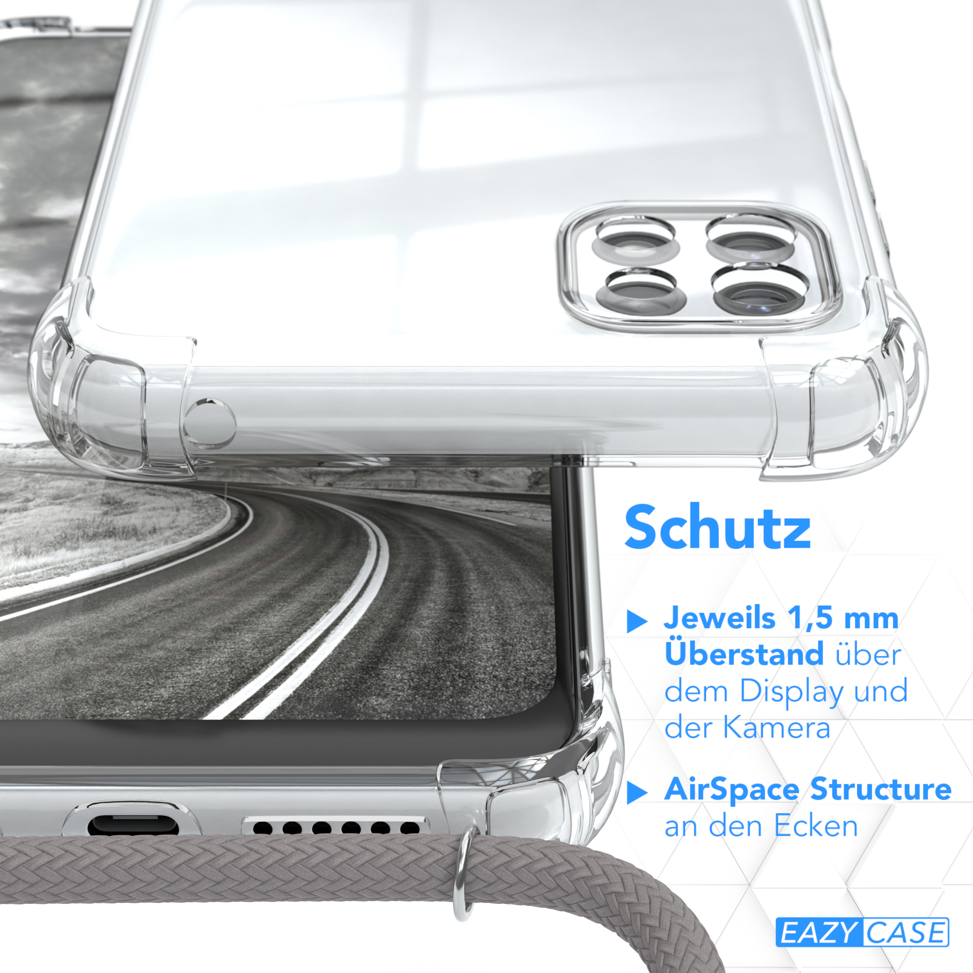 EAZY CASE Clear Cover Silber Clips 5G, Galaxy mit Umhängetasche, Grau Umhängeband, A22 / Samsung