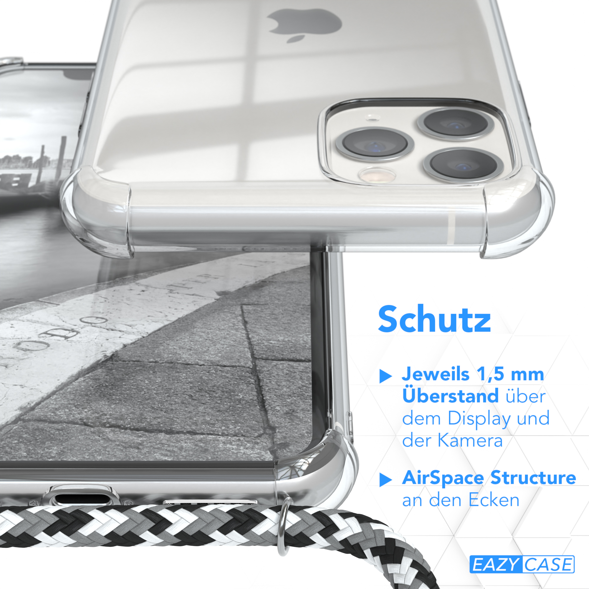 Nahaufnahme einer Handyhülle mit Lanyard, die die Schutzfunktionen der Hülle zeigt.