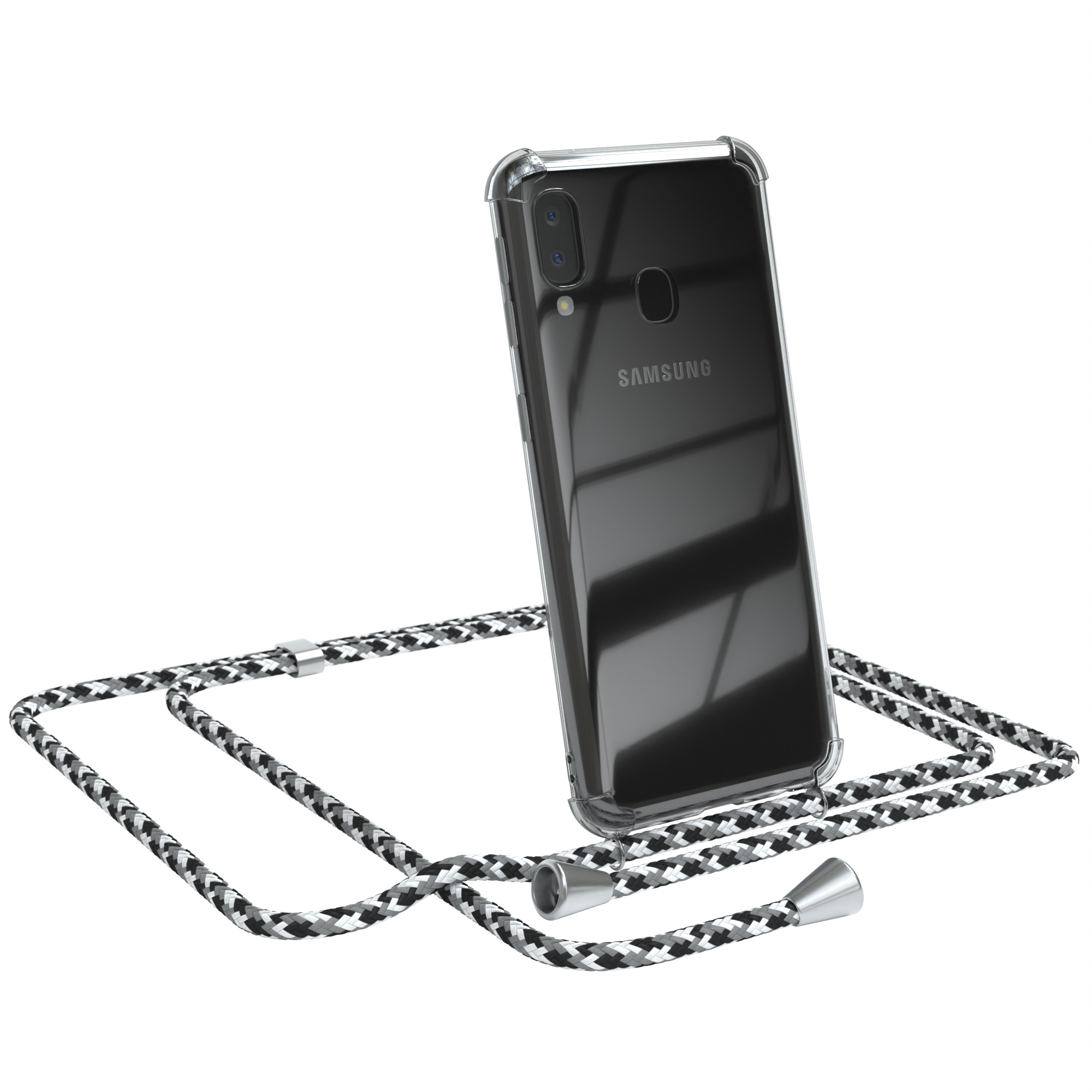 Transparente Handyhülle mit schwarz-weißem Kordel. Samsung-Handy-Rückseite. Telefon ist angewinkelt.