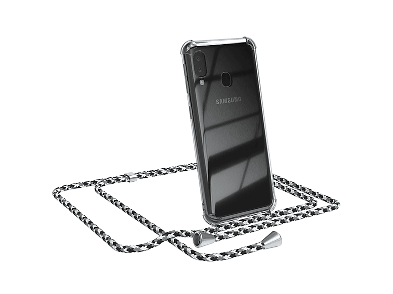 EAZY CASE Clear Cover mit Umhängeband, Umhängetasche, Samsung, Galaxy A20e, Schwarz Camouflage / Clips Silber