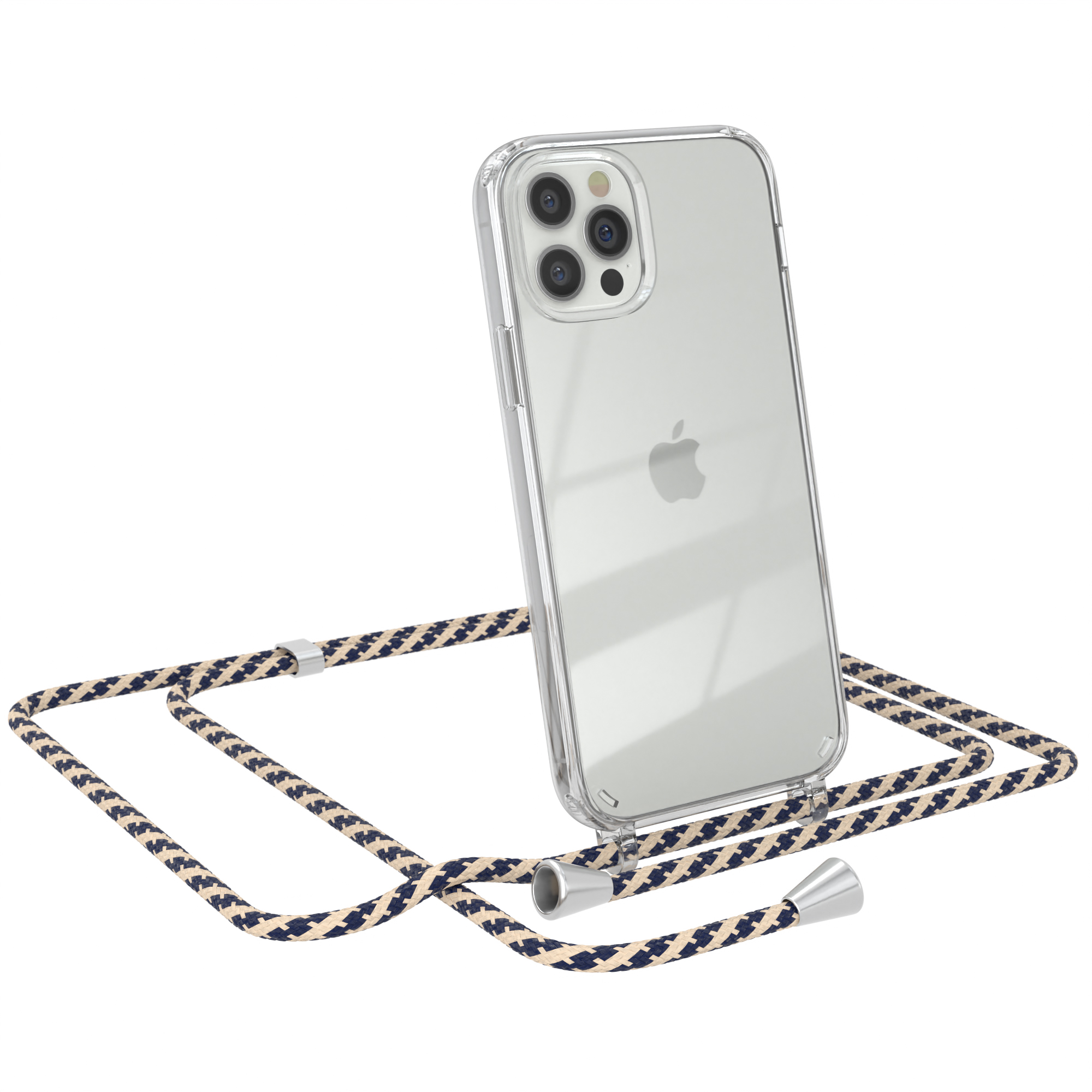 Klare Handyhülle mit cremefarbenem und marineblauem Lanyard. Ein iPhone ist in der Hülle.