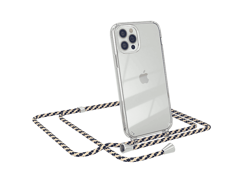 EAZY CASE Clear Cover mit Umhängeband, Umhängetasche, Apple, iPhone 12 / 12 Pro, Taupe Camouflage | Handyketten