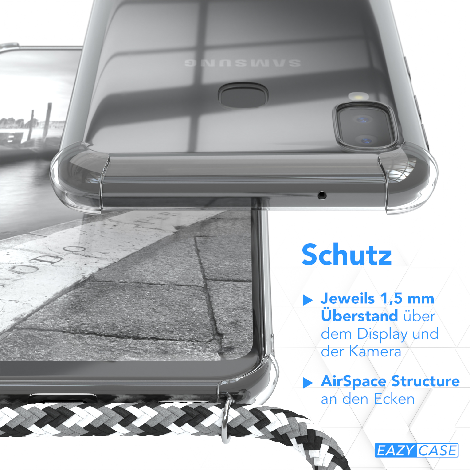 Umhängeband, mit Umhängetasche, Clear / Schwarz Silber Galaxy Camouflage Cover EAZY A20e, CASE Clips Samsung,