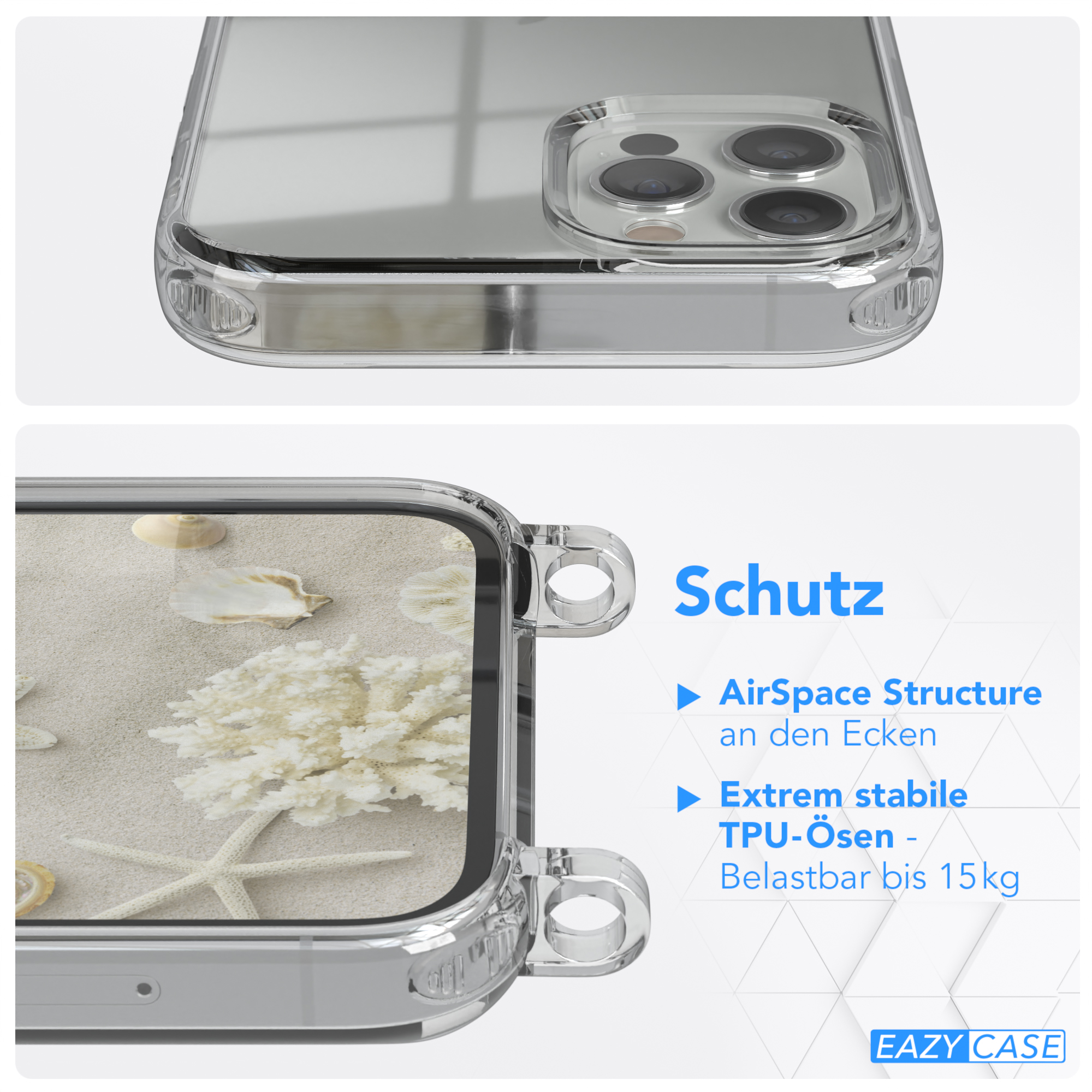 Nahaufnahme einer Handyhülle. Text sagt: AirSpace Structure, TPU und 15 kg Belastung. Eazy Case-Logo vorhanden.