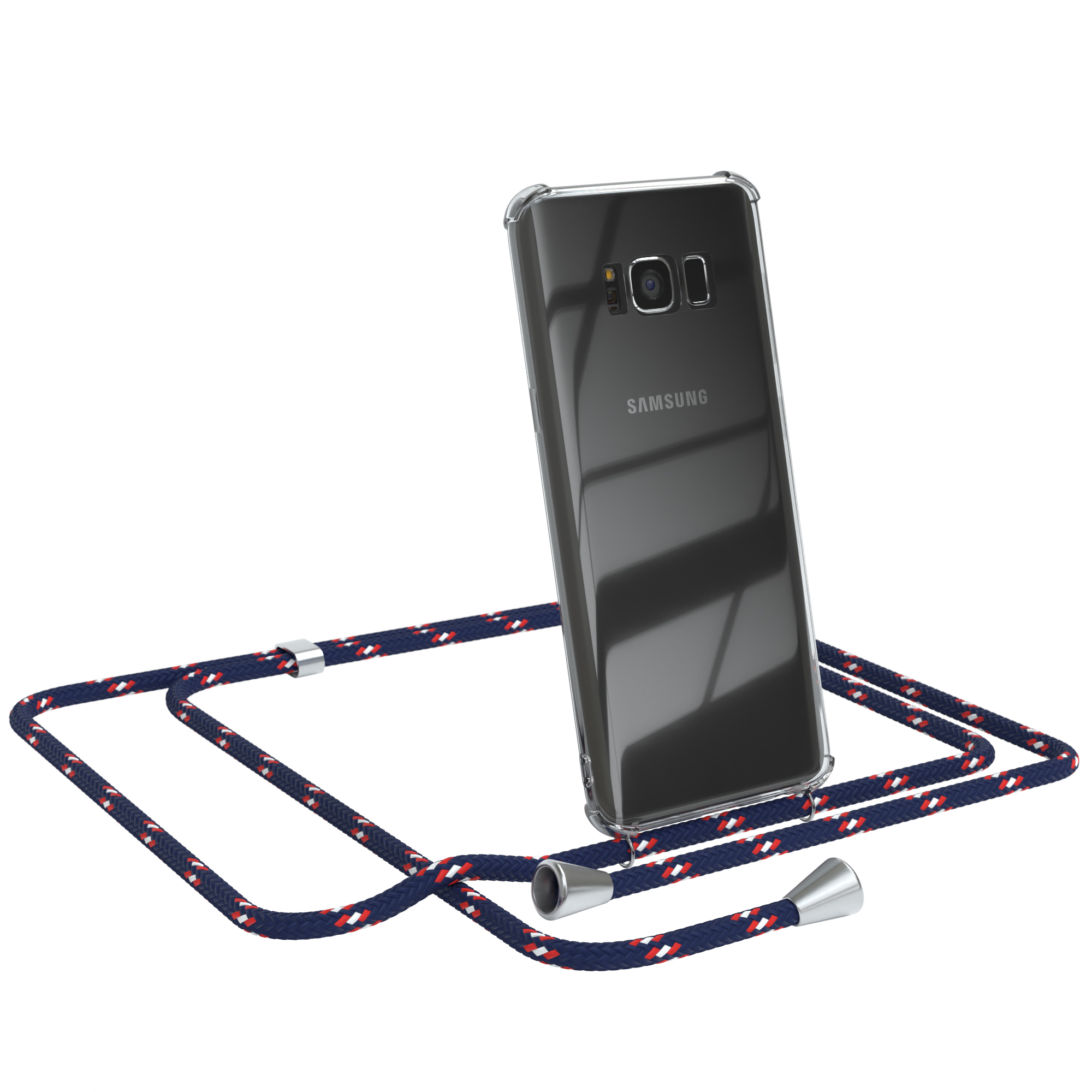 Transparente Handyhülle mit marineblauem Band, das ein schwarzes Telefon hält, geneigt. Rückseite sichtbar.