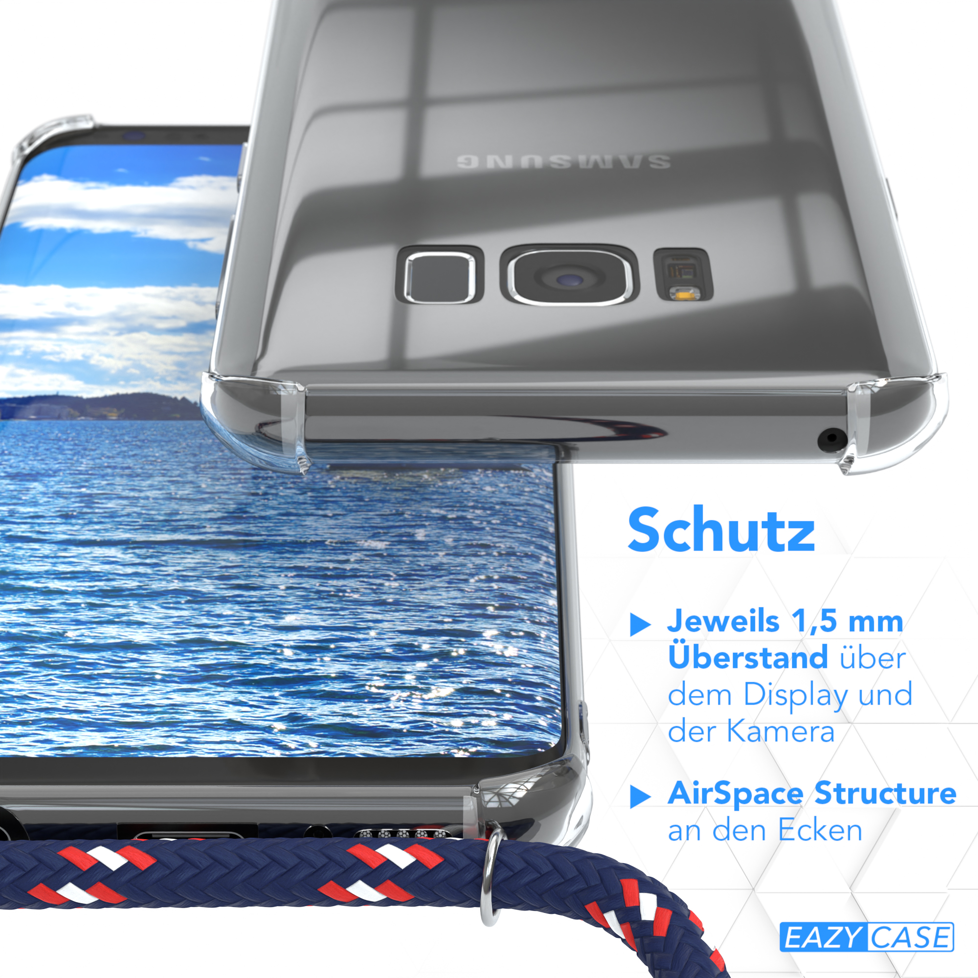 EAZY CASE Clear Cover Blau / Umhängetasche, Galaxy S8, Umhängeband, Camouflage mit Silber Clips Samsung