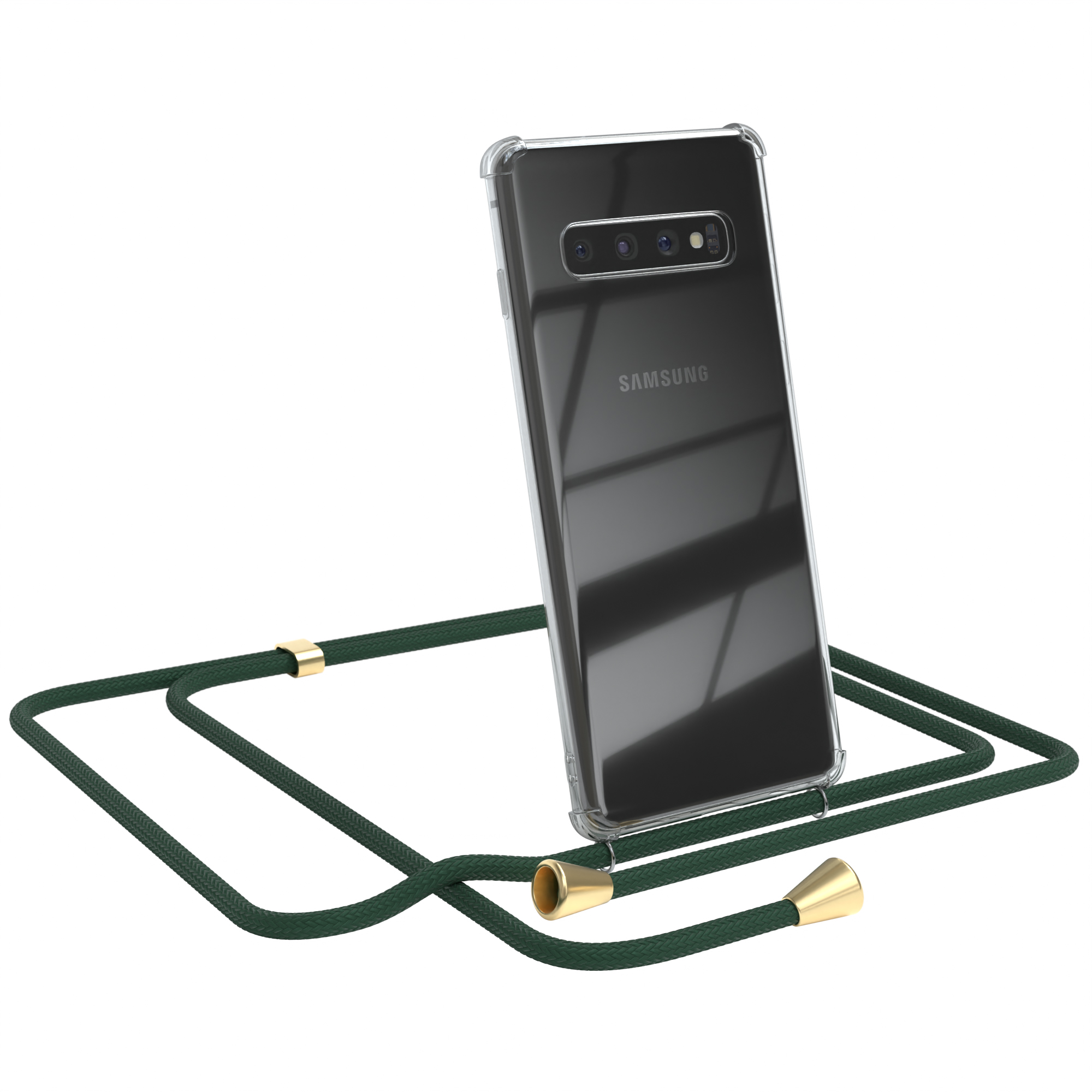 Transparente Handyhülle mit grünem Band. Samsung-Logo sichtbar. Weißer Hintergrund.