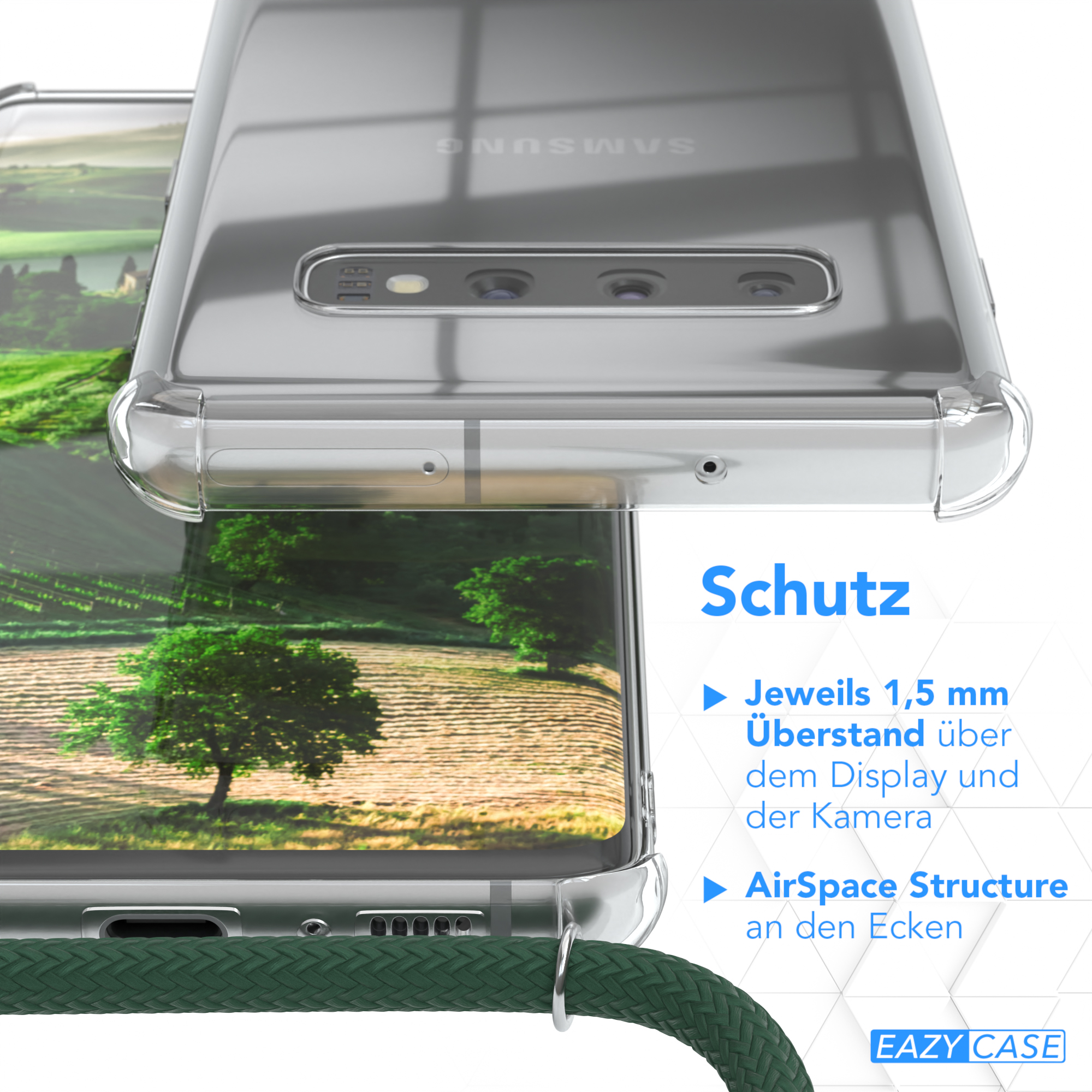 EAZY CASE Clear Cover mit S10, Galaxy Grün Gold Clips Samsung, Umhängeband, Umhängetasche, 