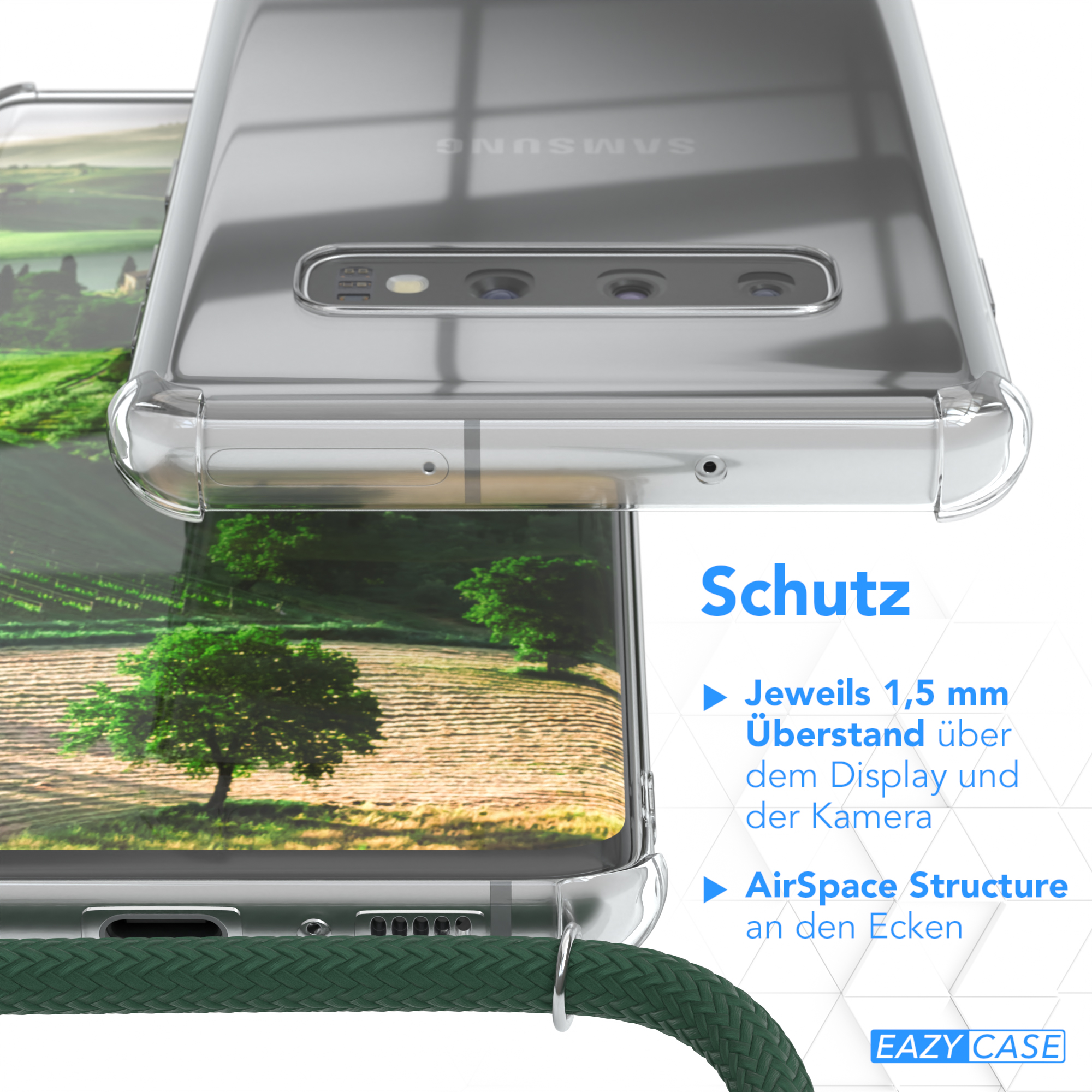 Nahaufnahme einer Handyhülle. Text sagt Schutz. Grünes Kabel. Grüne Landschaft im Hintergrund.