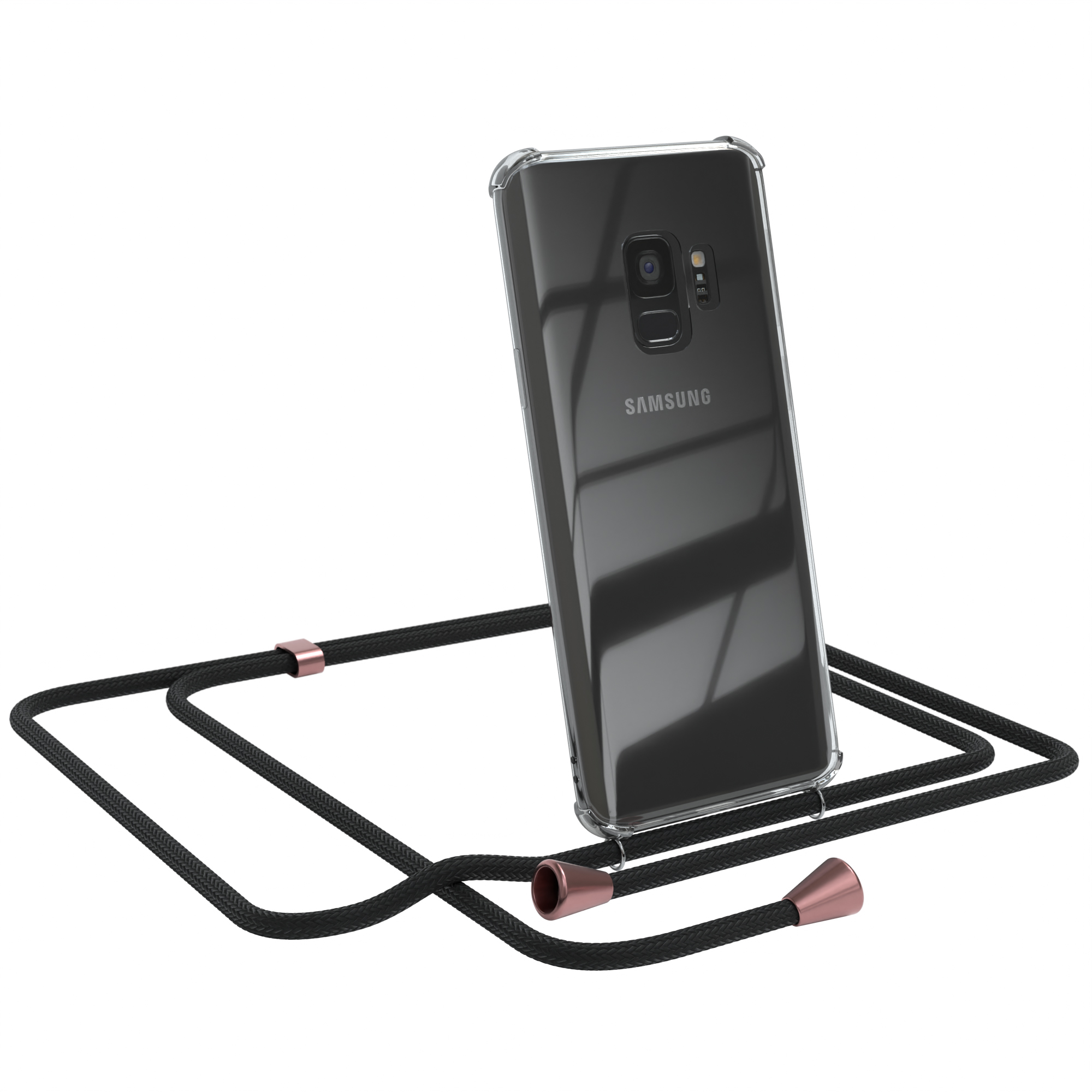 Telefon in klarer Hülle mit schwarzem Kabel.